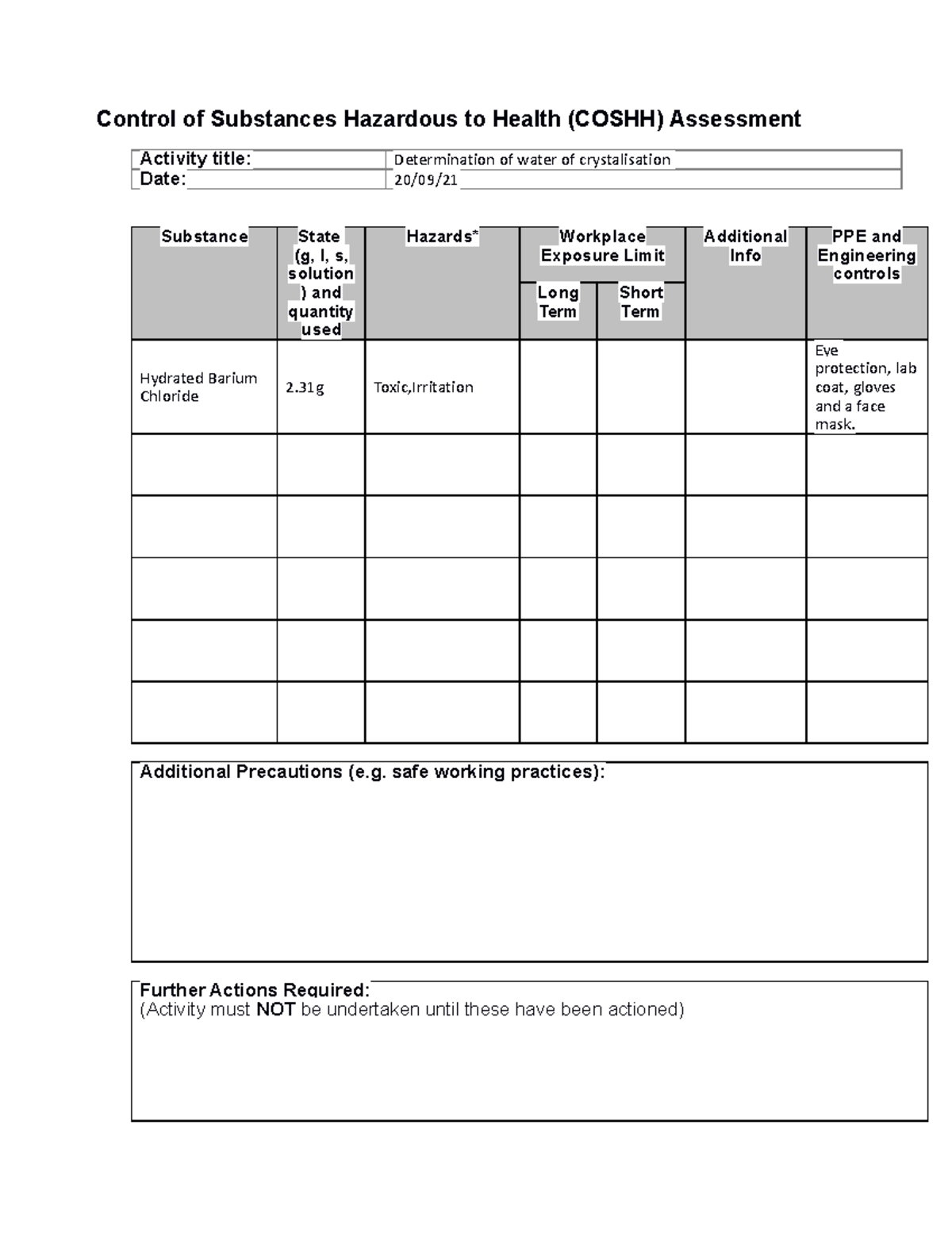 Coshh Assessment Form blank template - Control of Substances Hazardous ...