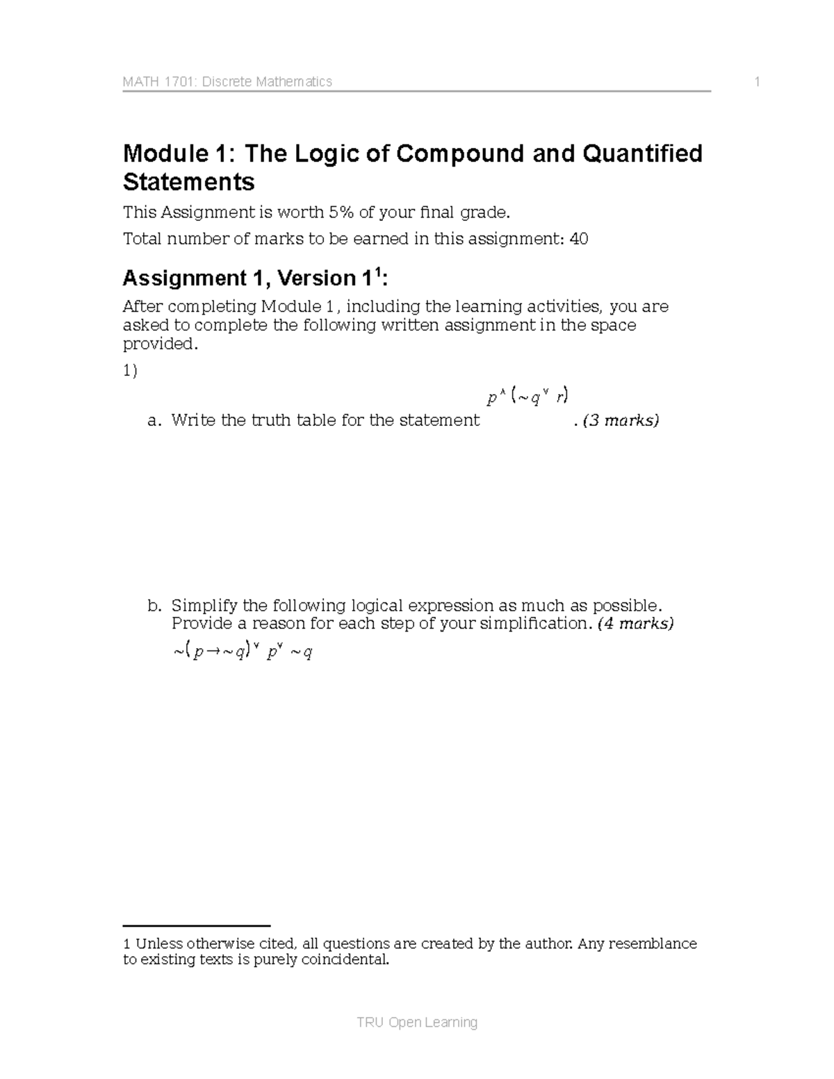 MATH 1701 AS 1 v1u - MATH 1701: Discrete Mathematics 1 Module 1: The ...