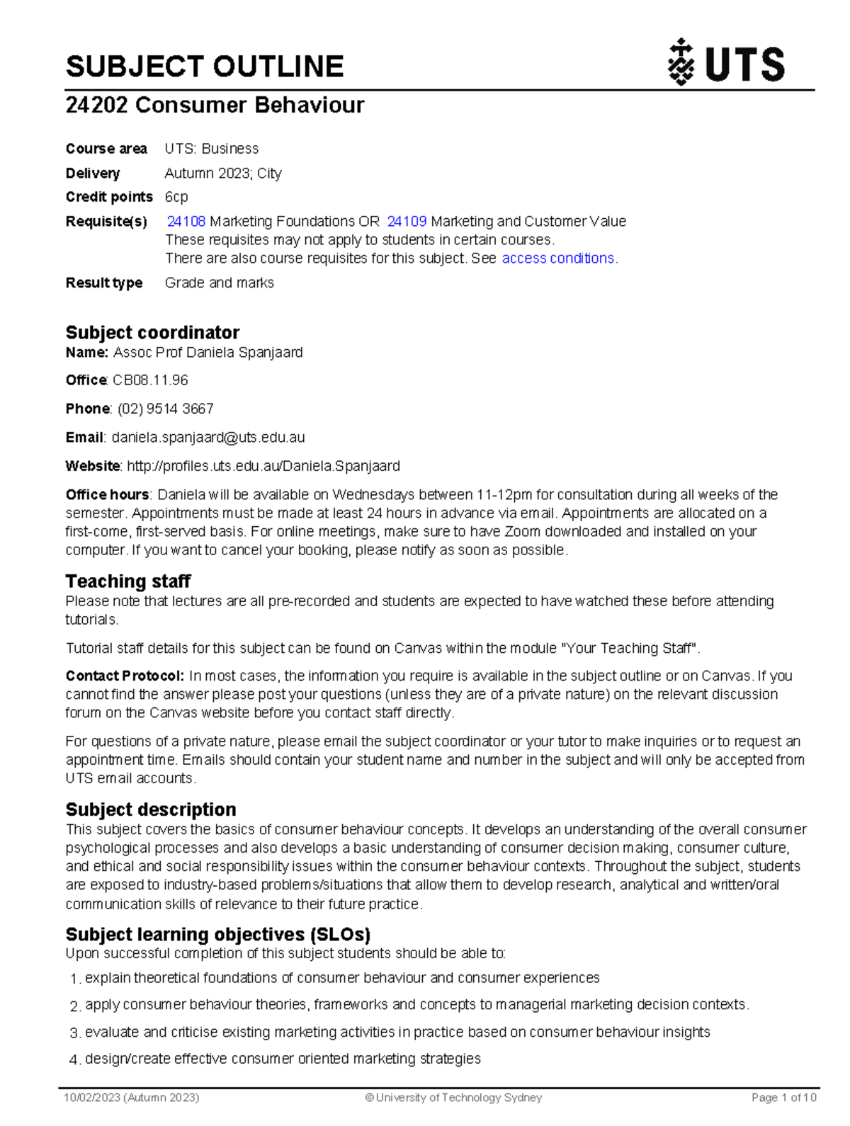Consumer Behaviour Subject Outline - SUBJECT OUTLINE 24202 Consumer ...