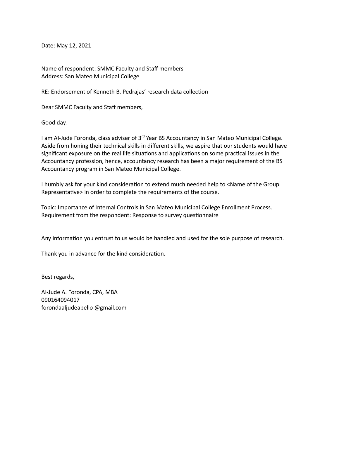 Endorsement-Letter for students - Date: May 12, 2021 Name of respondent ...