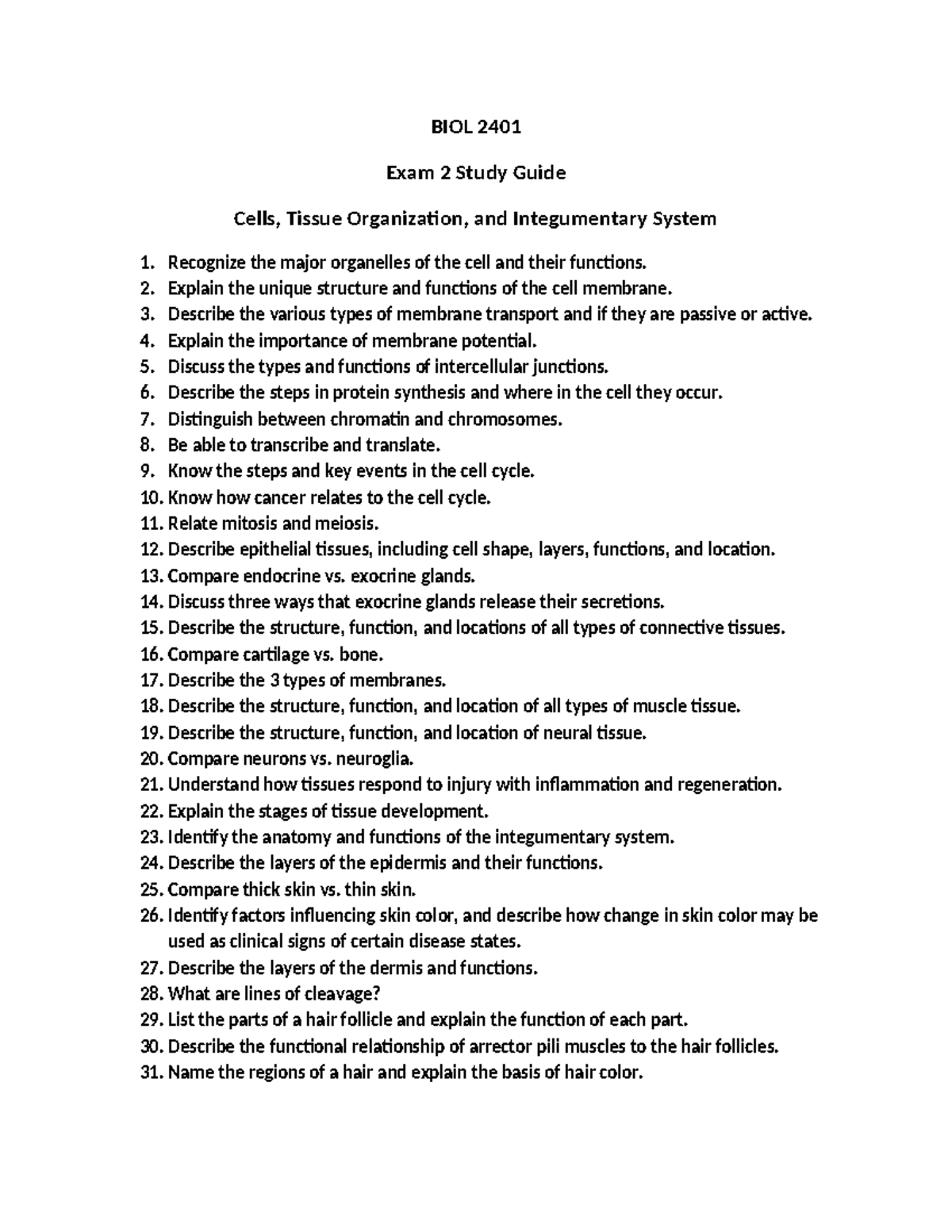 BIOL 2401 Exam 2 Study Guide - Cells, Tissue Organization And ...