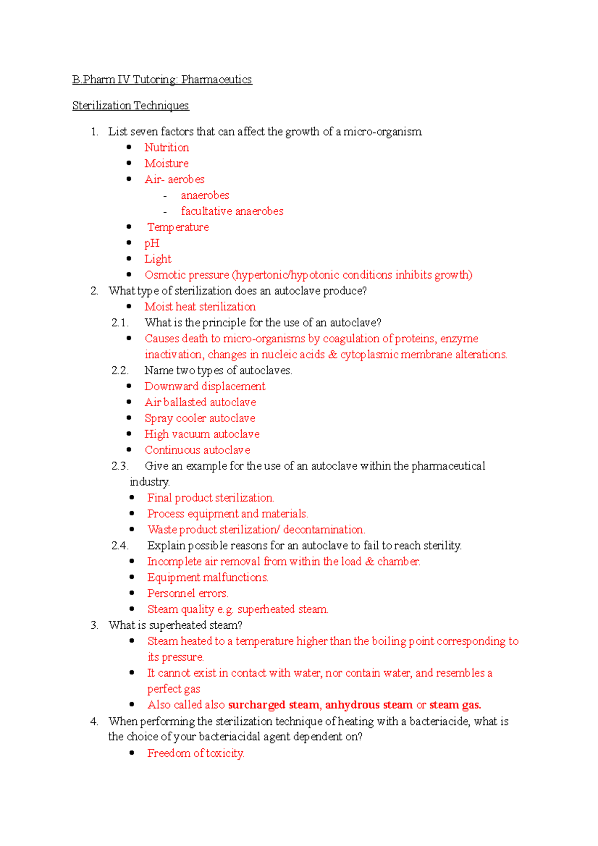 Sterilization Tutorial Questions and Answers B IV Tutoring