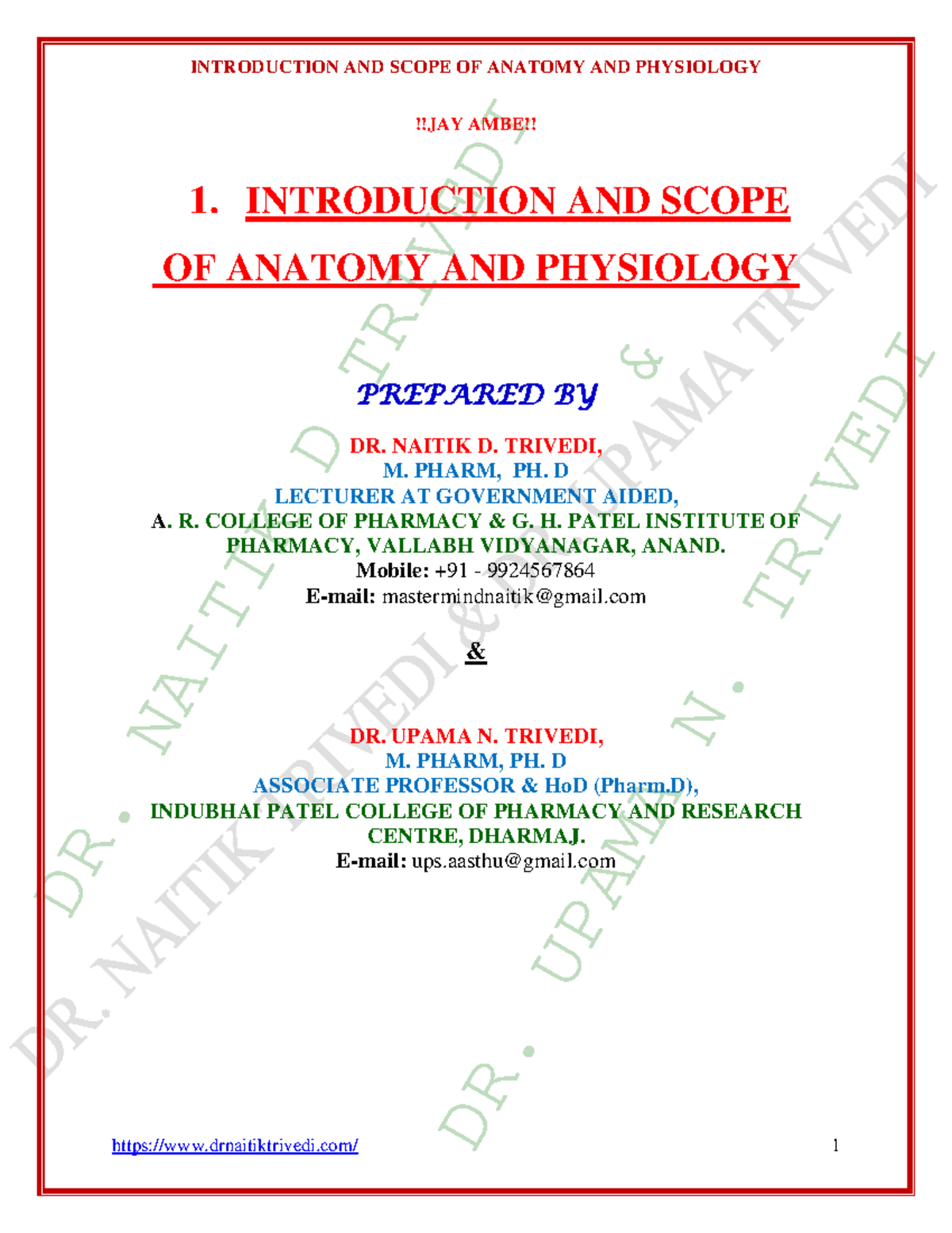 1. Introduction AND Scope OF Anatomy AND Physiology - DR. NAITIK D ...