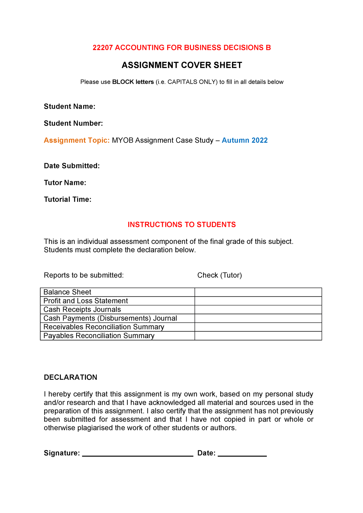 22207 Aut 22 - MYOB Assignment Cover Sheet - 22207 ACCOUNTING FOR ...