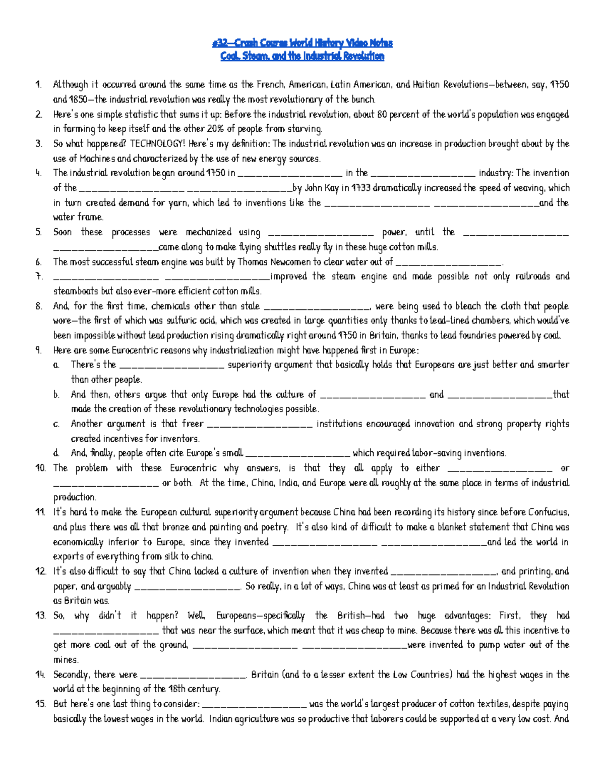 CC World History 32 32—Crash Course World History Video Notes Coal, Steam, and the
