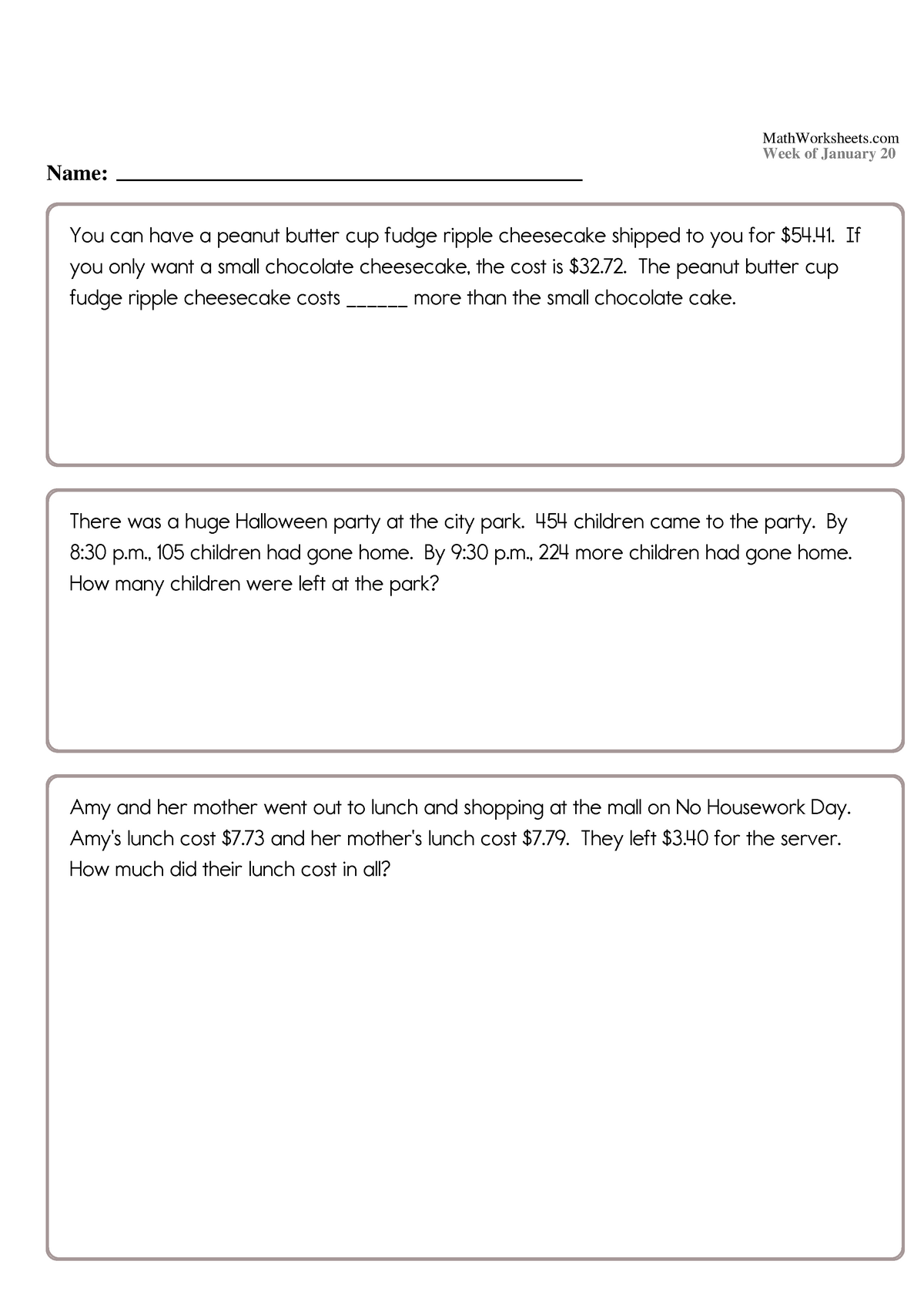 Math Worksheets Grade 4 1 20 - Name: Week of January 20 - Studocu