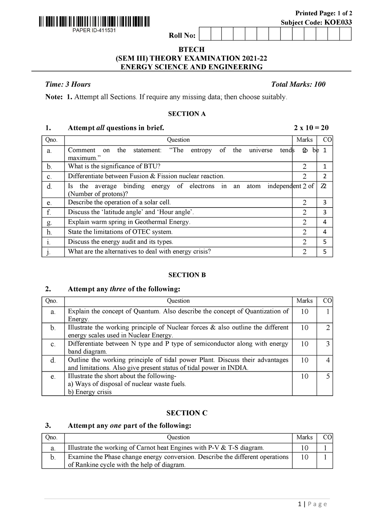 Btech oe 3 sem energy science and engineering koe033 2022 - Printed ...