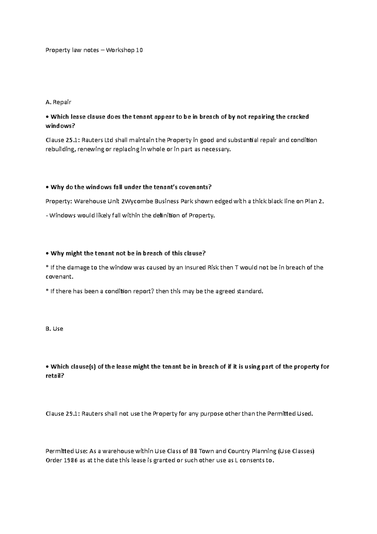 Lease termination notes Property law notes 10 A. Repair