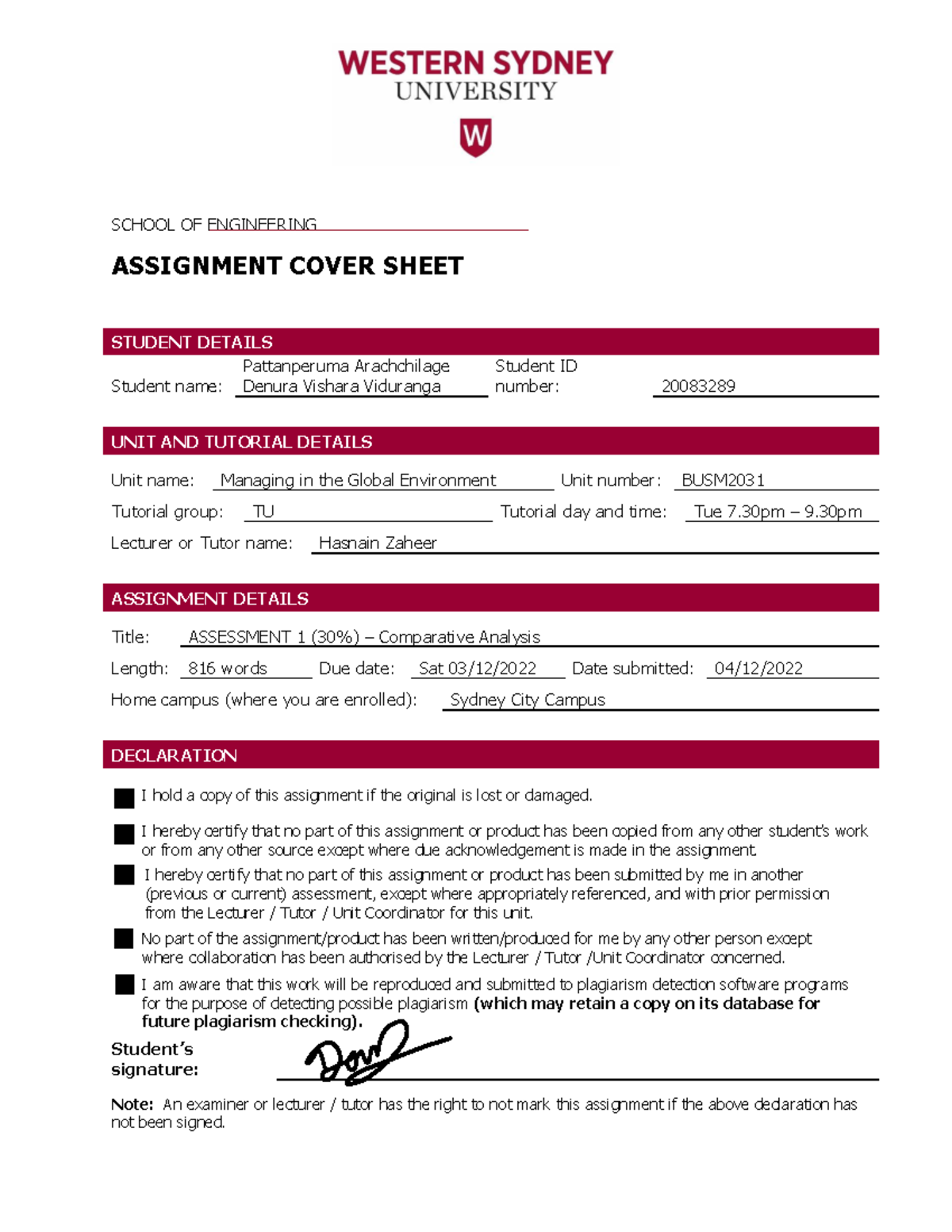 Assessment 1 (30%) – Comparative Analysis - SCHOOL OF ENGINEERING ...