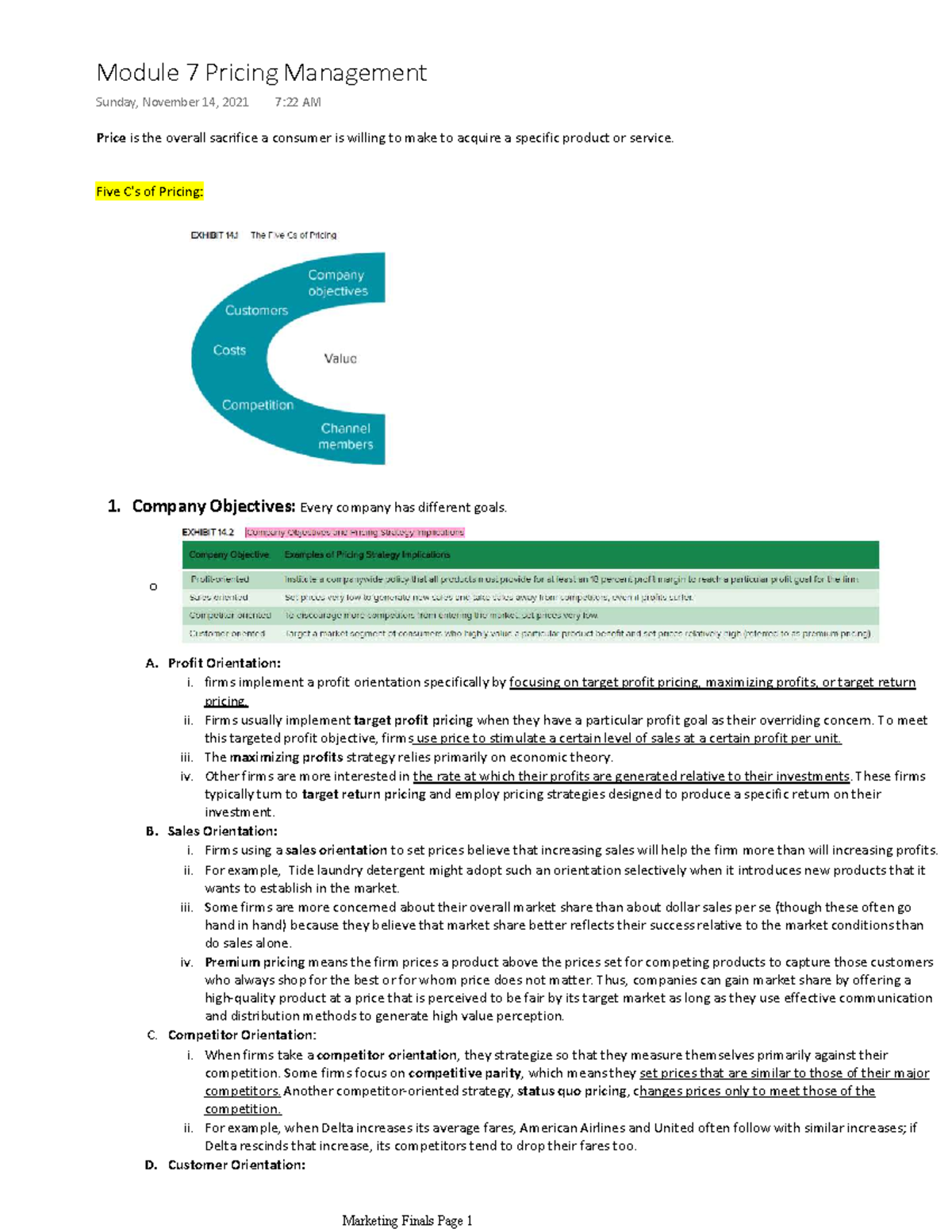 Module 7 Pricing Notes Five C's of Pricing Company ObjectivesEvery