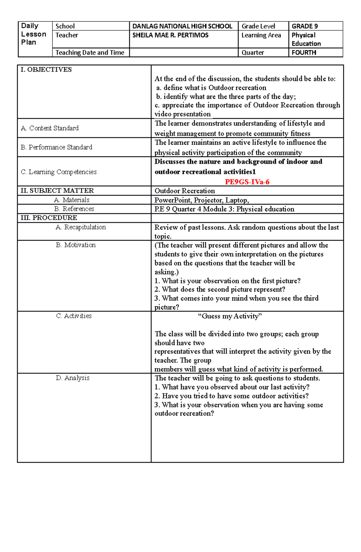 Cot P.E 9 4TH quarter - cot - Daily Lesson Plan School DANLAG NATIONAL ...