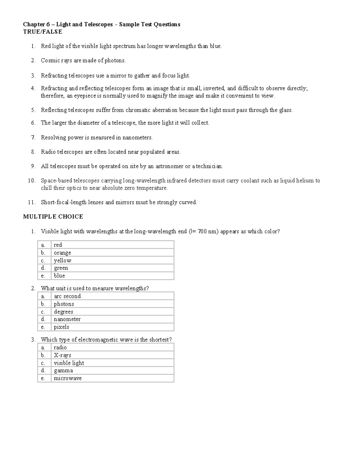 Chapter 6 Light and Telescopes Sample Test Questions Chapter 6