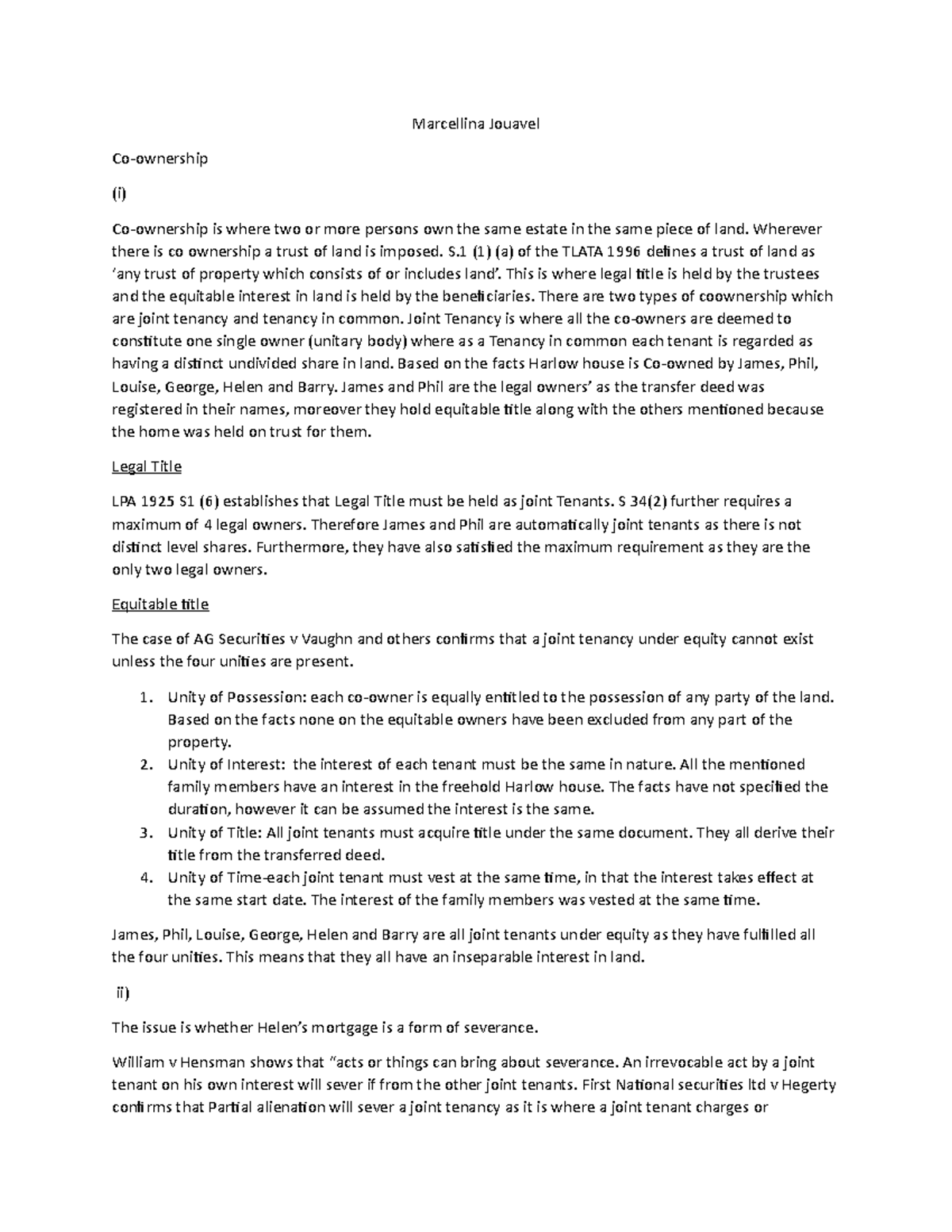 Coownership1 The piece provides a structure for a land law problem