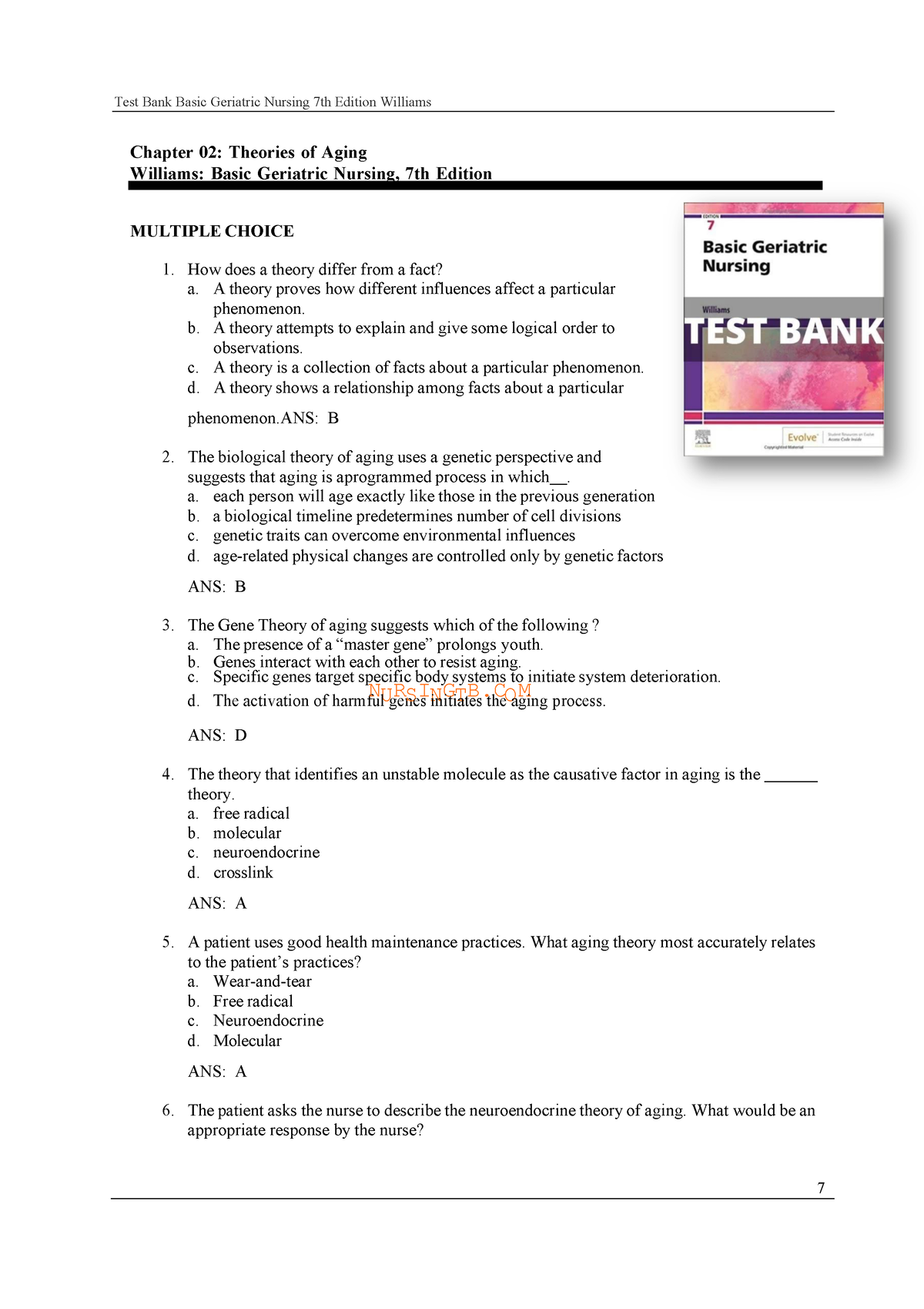 Test Bank For Basic Geriatric Nursing 7th Edition Williams - 7 Chapter ...