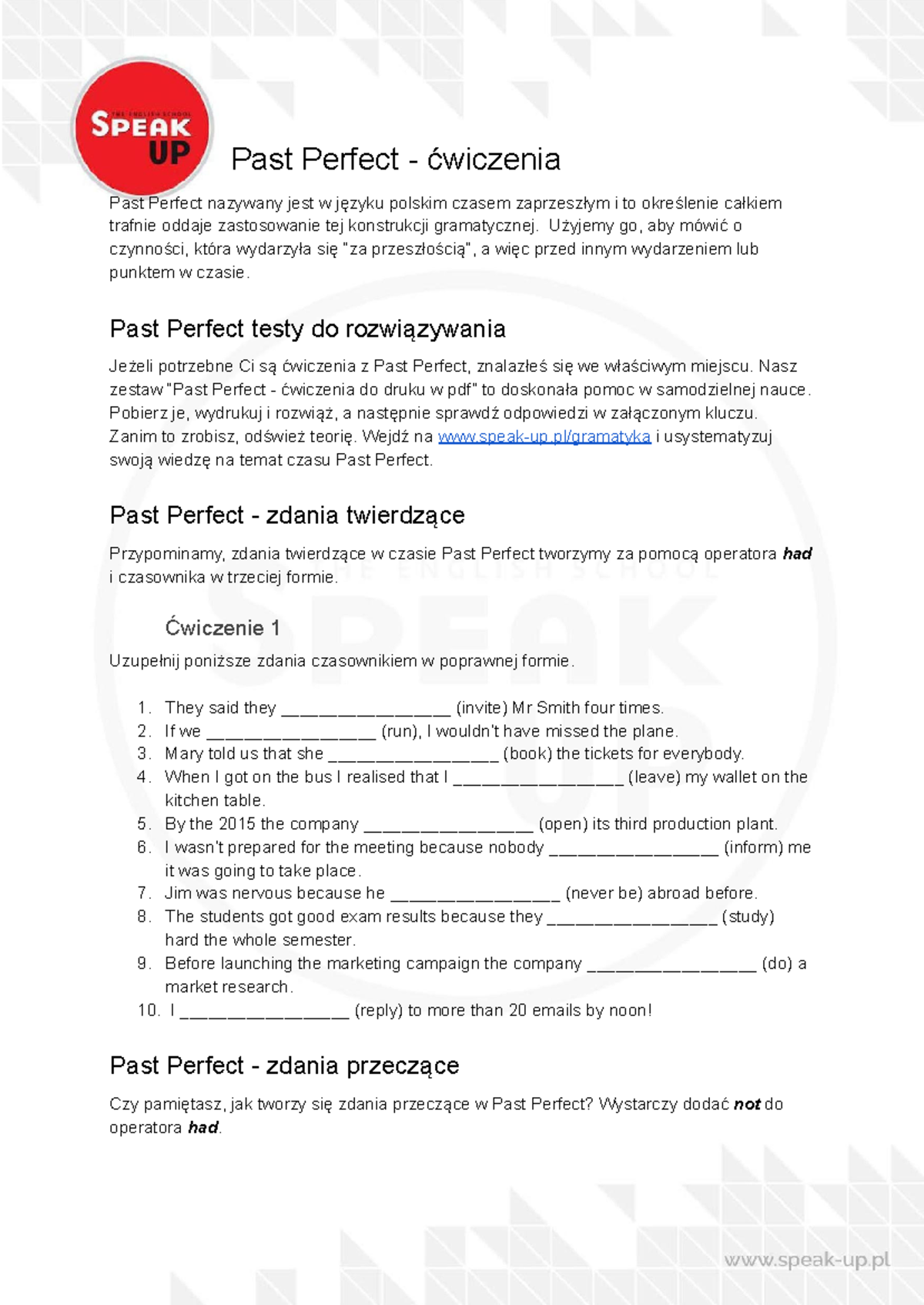 Past-perfect-cwiczenia - Past Perfect - ćwiczenia Past Perfect nazywany