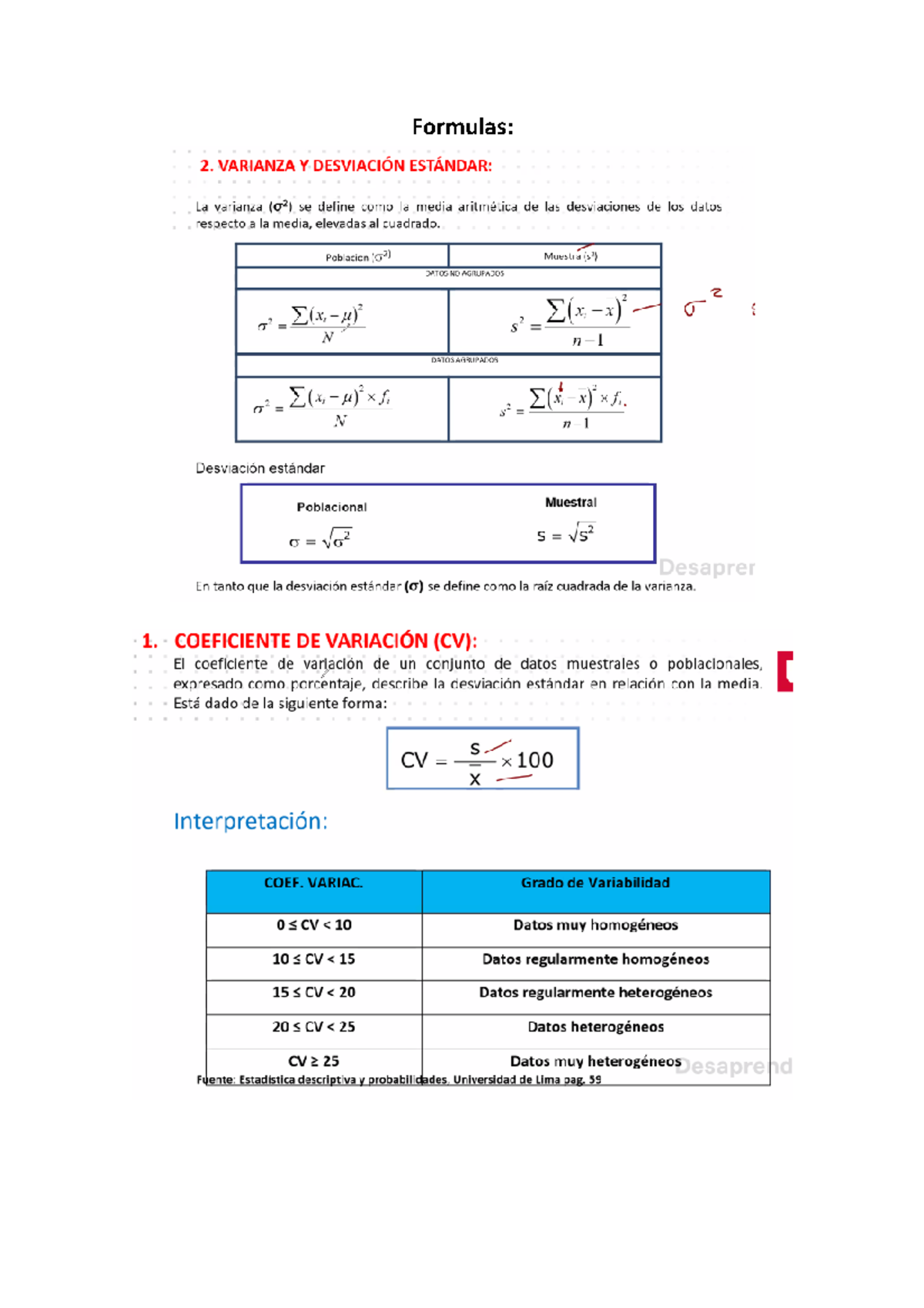 Formulas - Estadística Descriptiva Y Probabilidades - Formulas: - Studocu