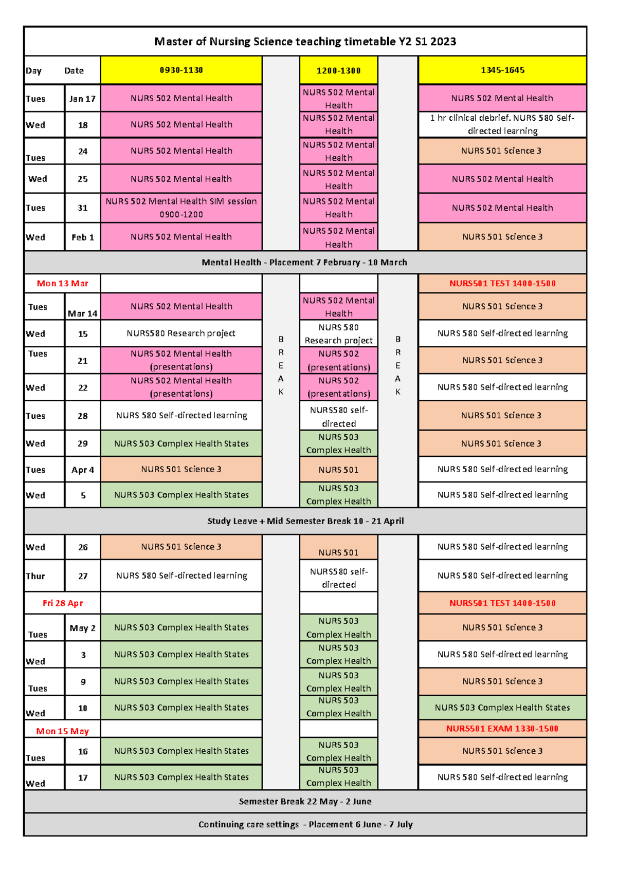 2023 Y2 teaching timetable S1&2 - Day Date 1200- Tues Jan 17 NURS 502 ...