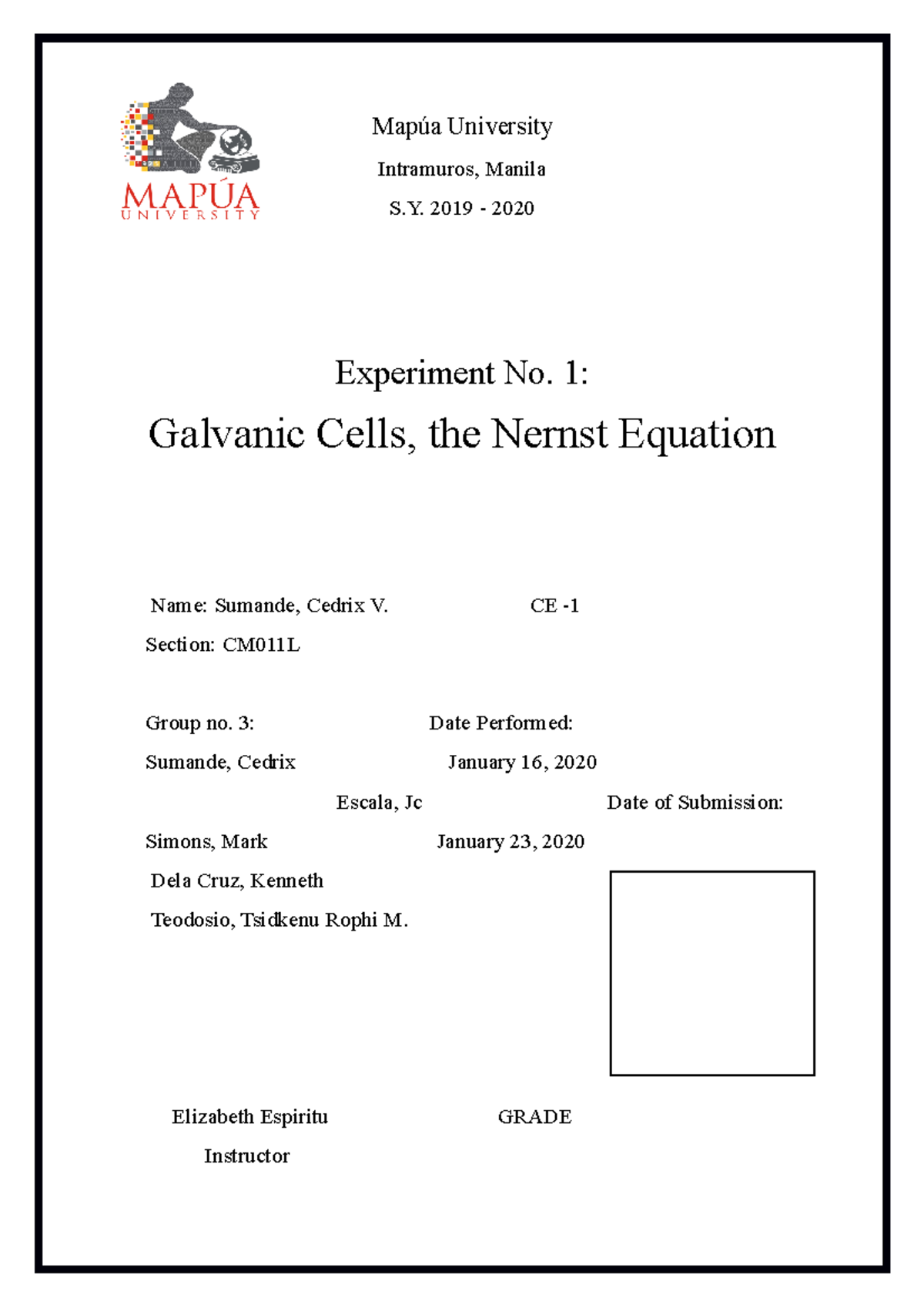 GalvanicCells Galvanic Cells Lab Report Mapúa University