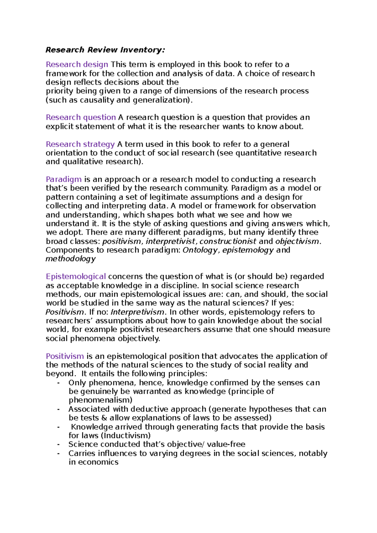 Research Review Inventory Definitions Research Review Inventory