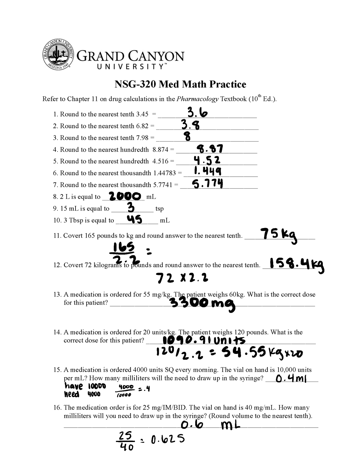 NSG320med math packets - NSG-320 Med Math Practice Refer to Chapter 11 ...