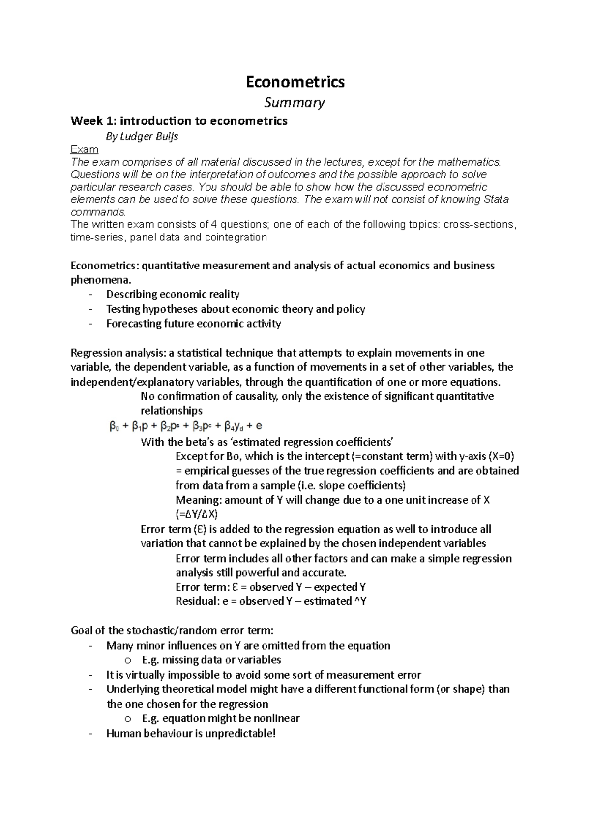 Econometrics summary Econometrics Summary Week 1 introduction to