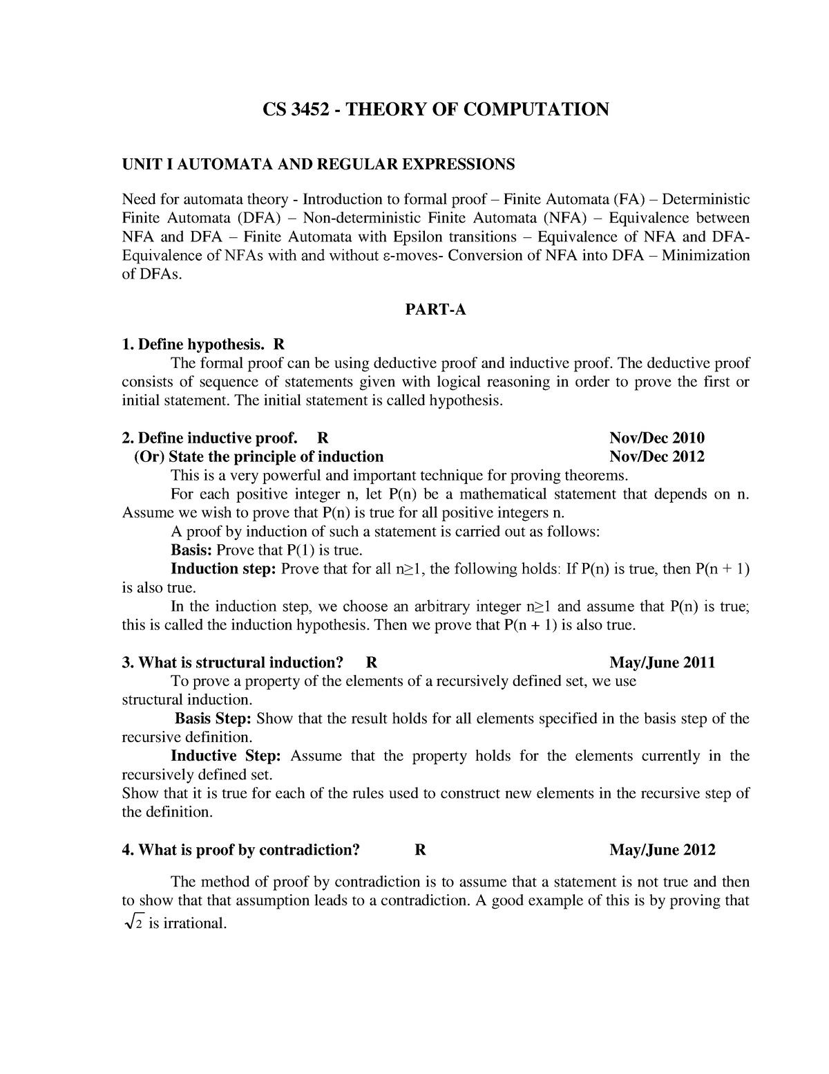 CS3452 Theory OF Computation - CS 3452 - THEORY OF COMPUTATION UNIT I ...