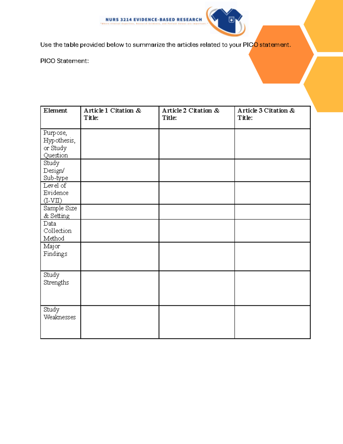 Evidence base Table 10 7 24 - Use the table provided below to summarize ...
