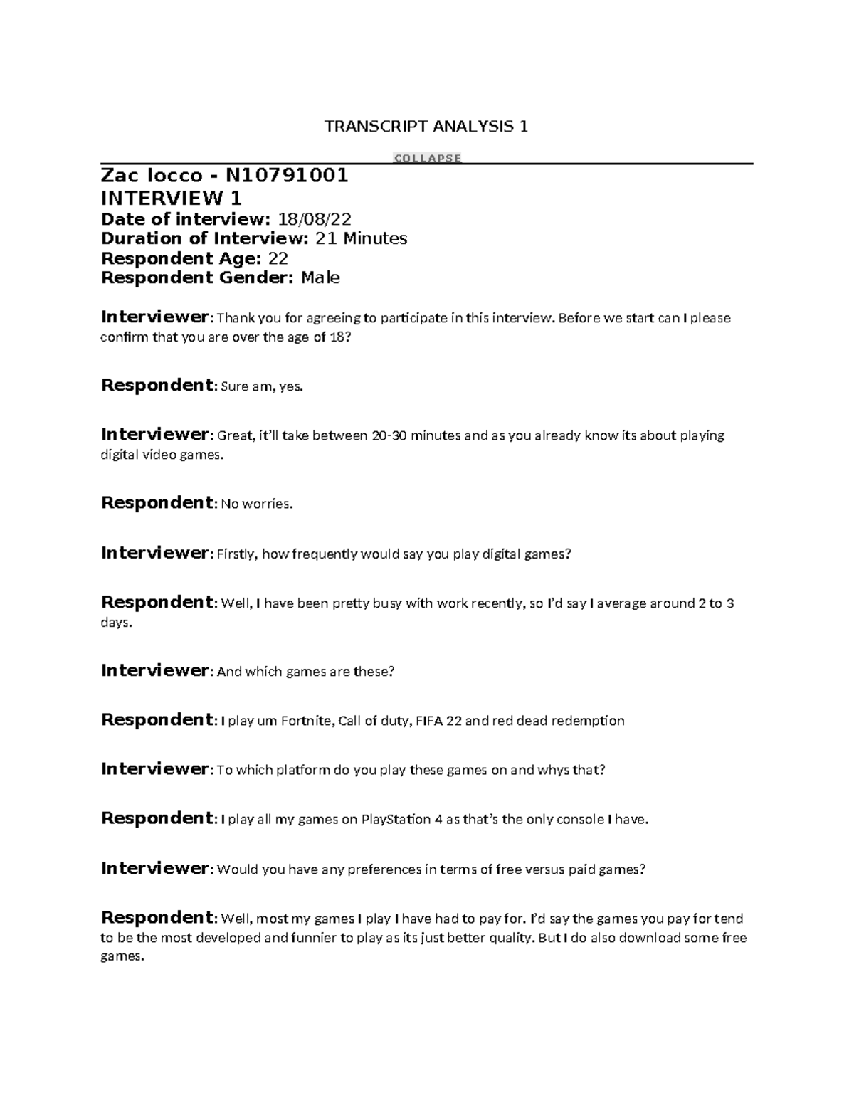 Transcript Analysis 1 - Practise for the assessment - TRANSCRIPT ...