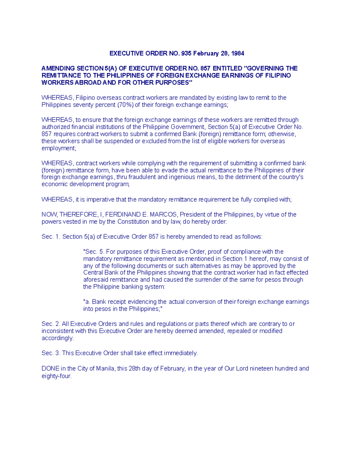 EO 935 - Labor Law - EXECUTIVE ORDER NO. 935 February 28, 1984 AMENDING ...