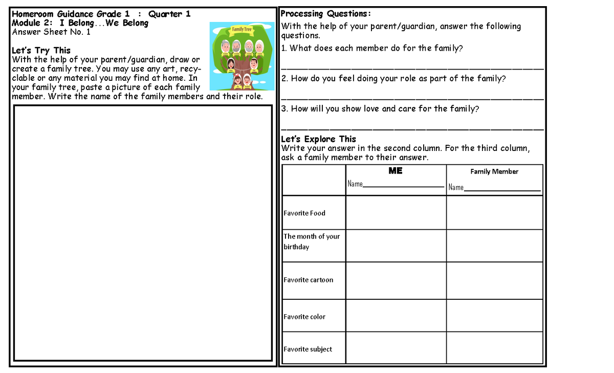 Answer Sheets Q1 Hg Module 2 Homeroom Guidance Grade 1 Quarter 1 Module 2 I Belong Belong 0007