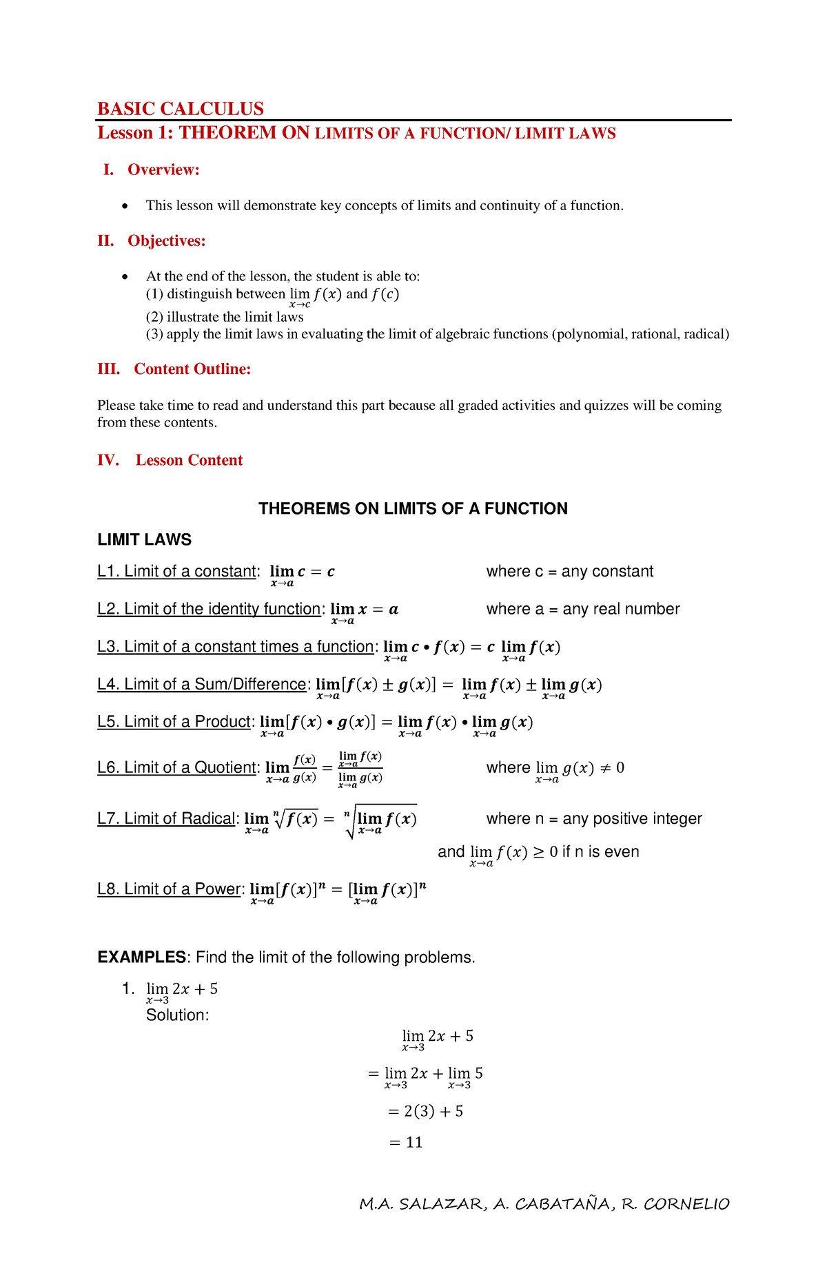 Basic Cal-Lesson 1 - M. SALAZAR, A. CABATAÑA, R. CORNELIO BASIC ...