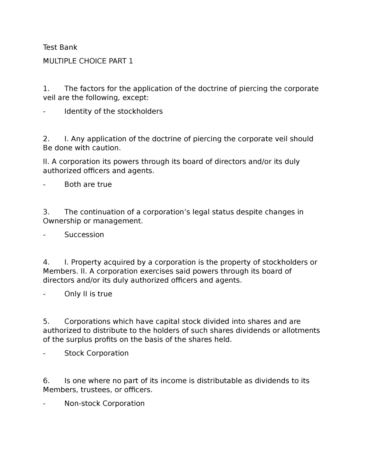 Business Law Test Bank - Test Bank MULTIPLE CHOICE PART 1 The Factors ...