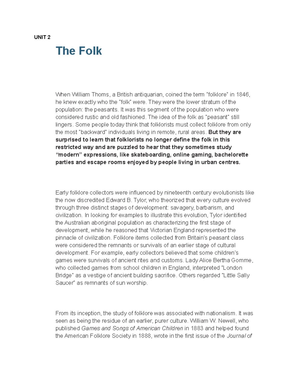 Folklore- Unit 2 Lecture Notes - UNIT 2 The Folk When William Thoms, A ...