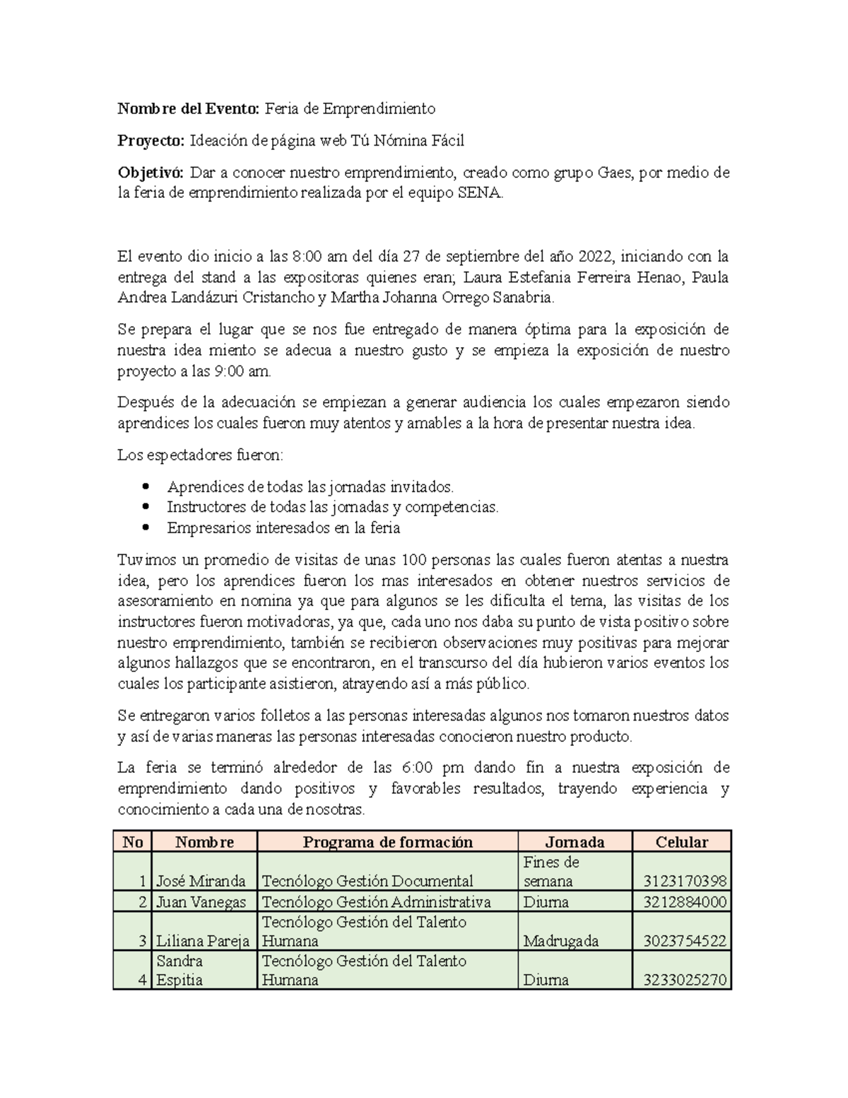 Informe Evento Feria DE Emprendimiento - Nombre del Evento: Feria de ...
