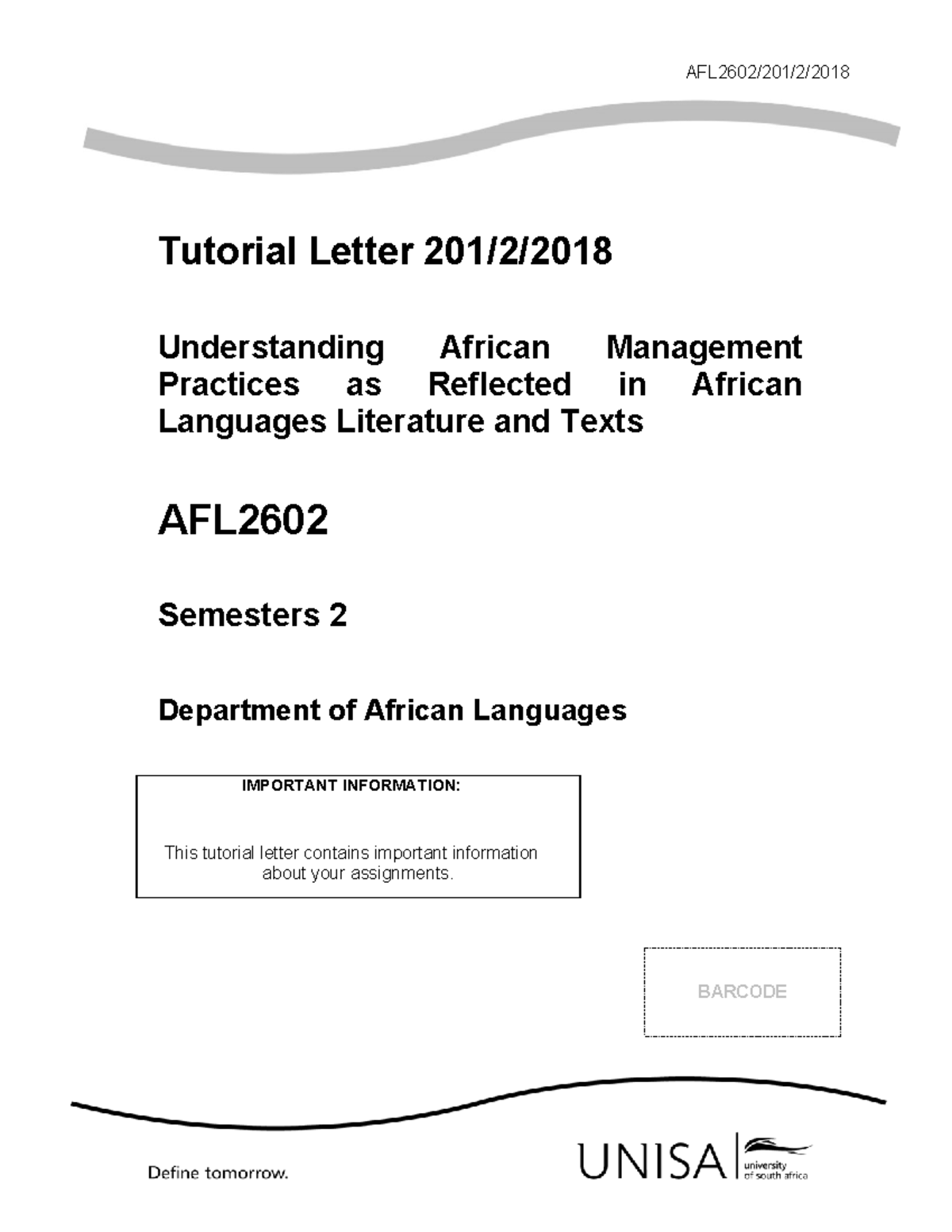 201 2018 2 b6 Module for Unisa AFL2602/201/2/ Tutorial Letter 201