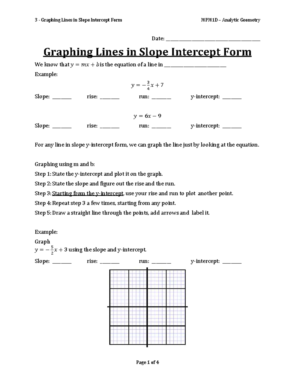 03 - Graphing Lines in Slope Intercept Form - Date