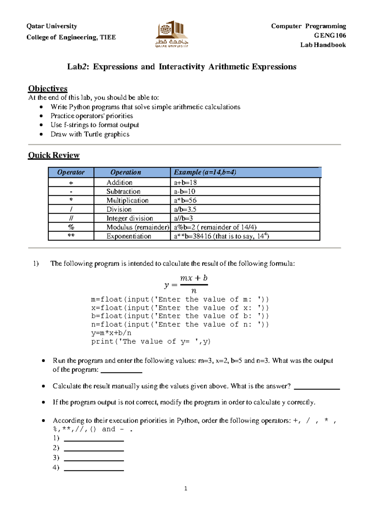 GENG-106 Lab02 - Computer Programming (Python) Practice Materials - Lab ...