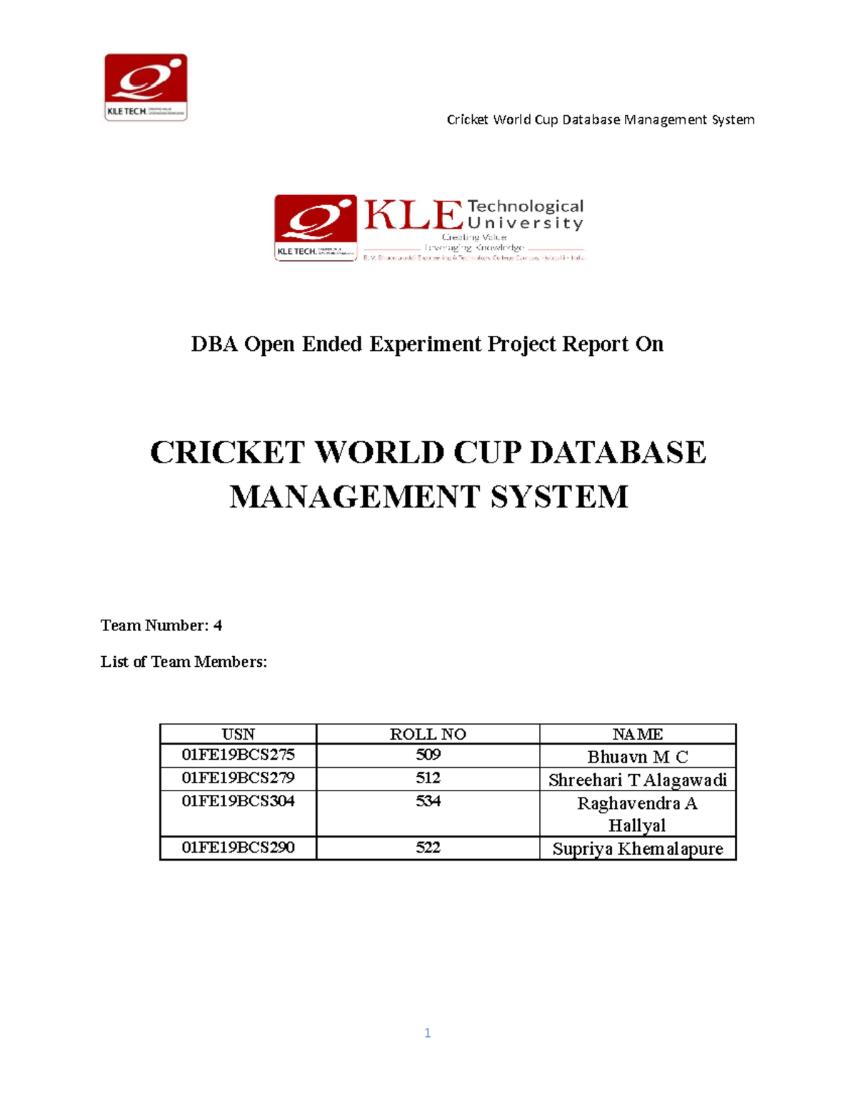 Team4 Project Report DBA Open Ended Experiment Project Report On