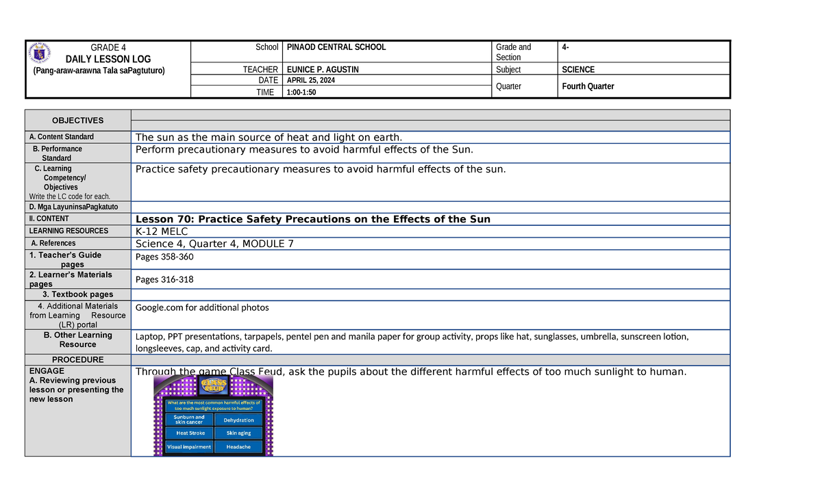 First COT SCI4-Q4-W7 - GRADE 4 DAILY LESSON LOG (Pang-araw-arawna Tala ...