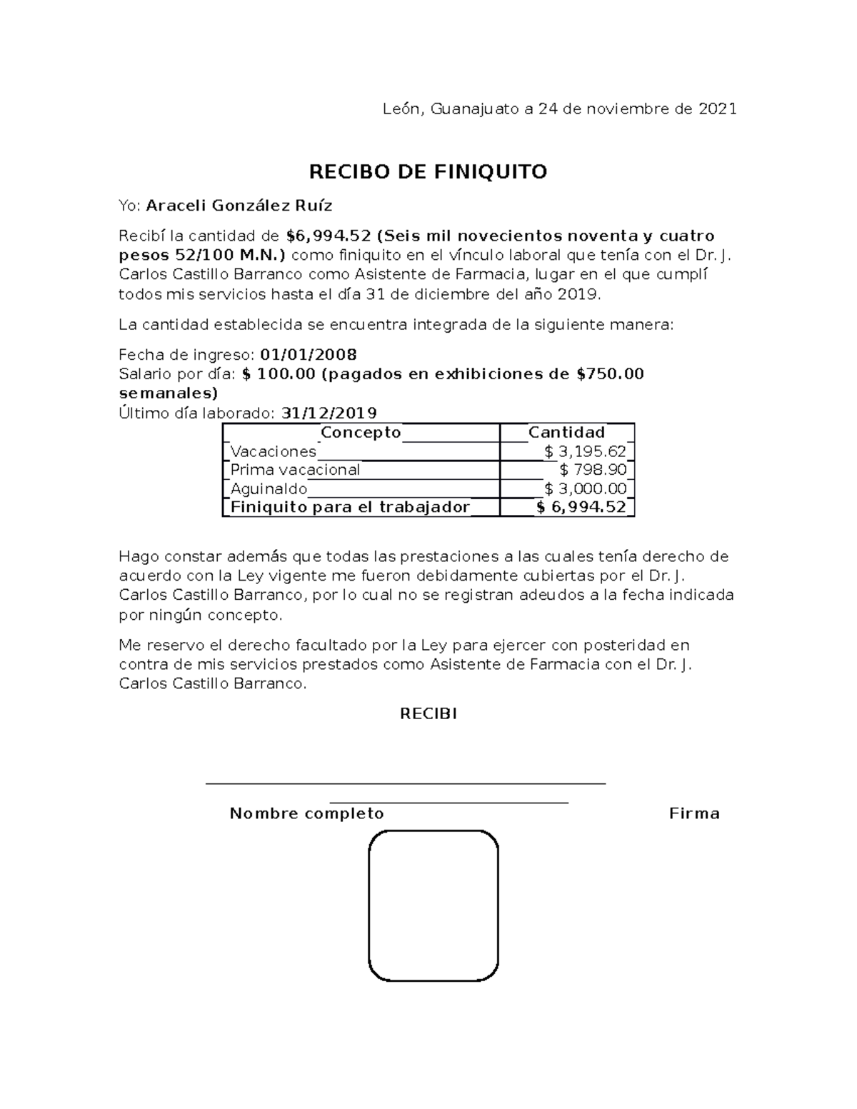 Ejemplo de Carta finiquito León, Guanajuato a 24 de noviembre de 2021