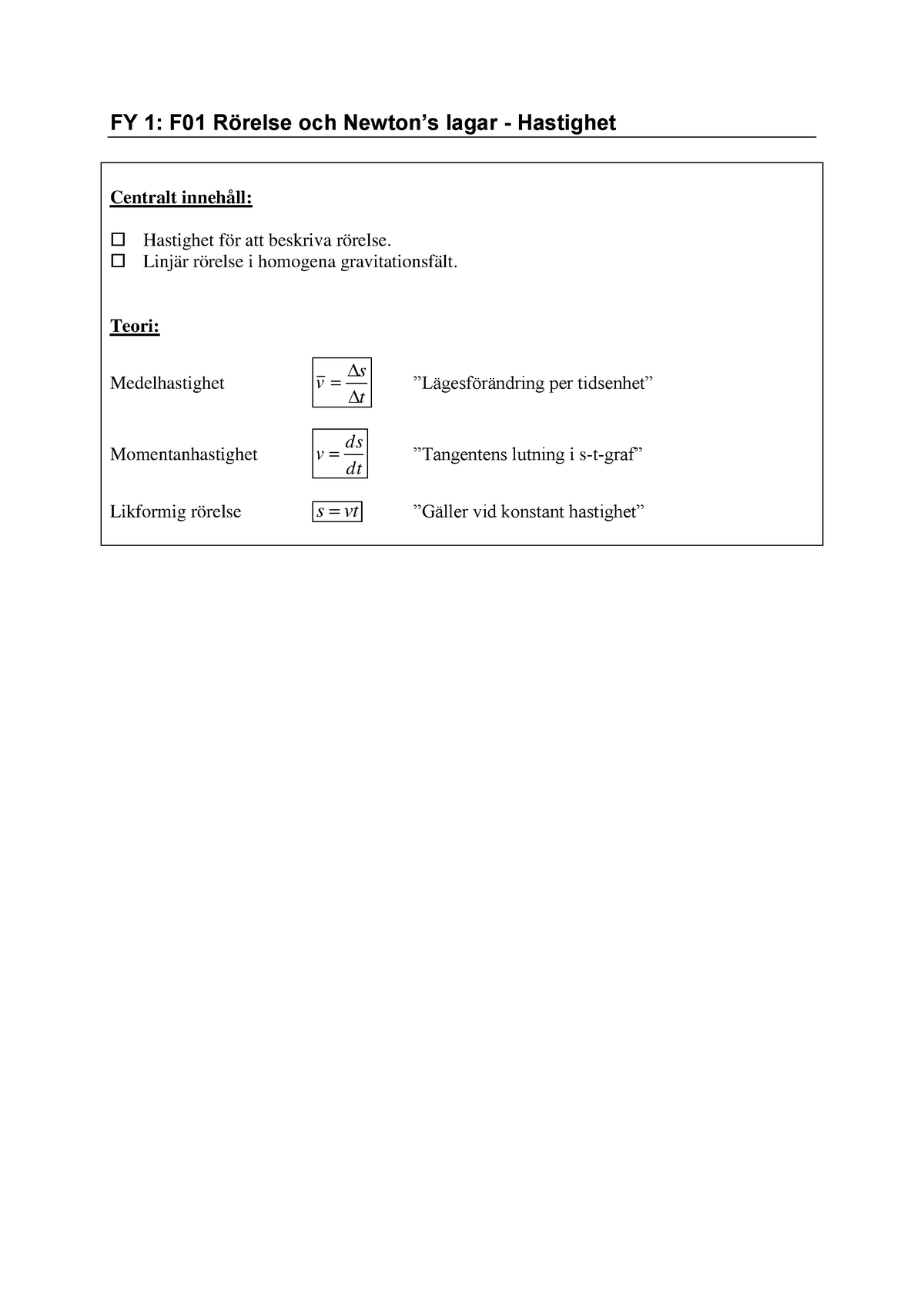 Fysik 1 - Uppgifter Och övningar - FY 1: F01 Rörelse Och Newton’s Lagar ...