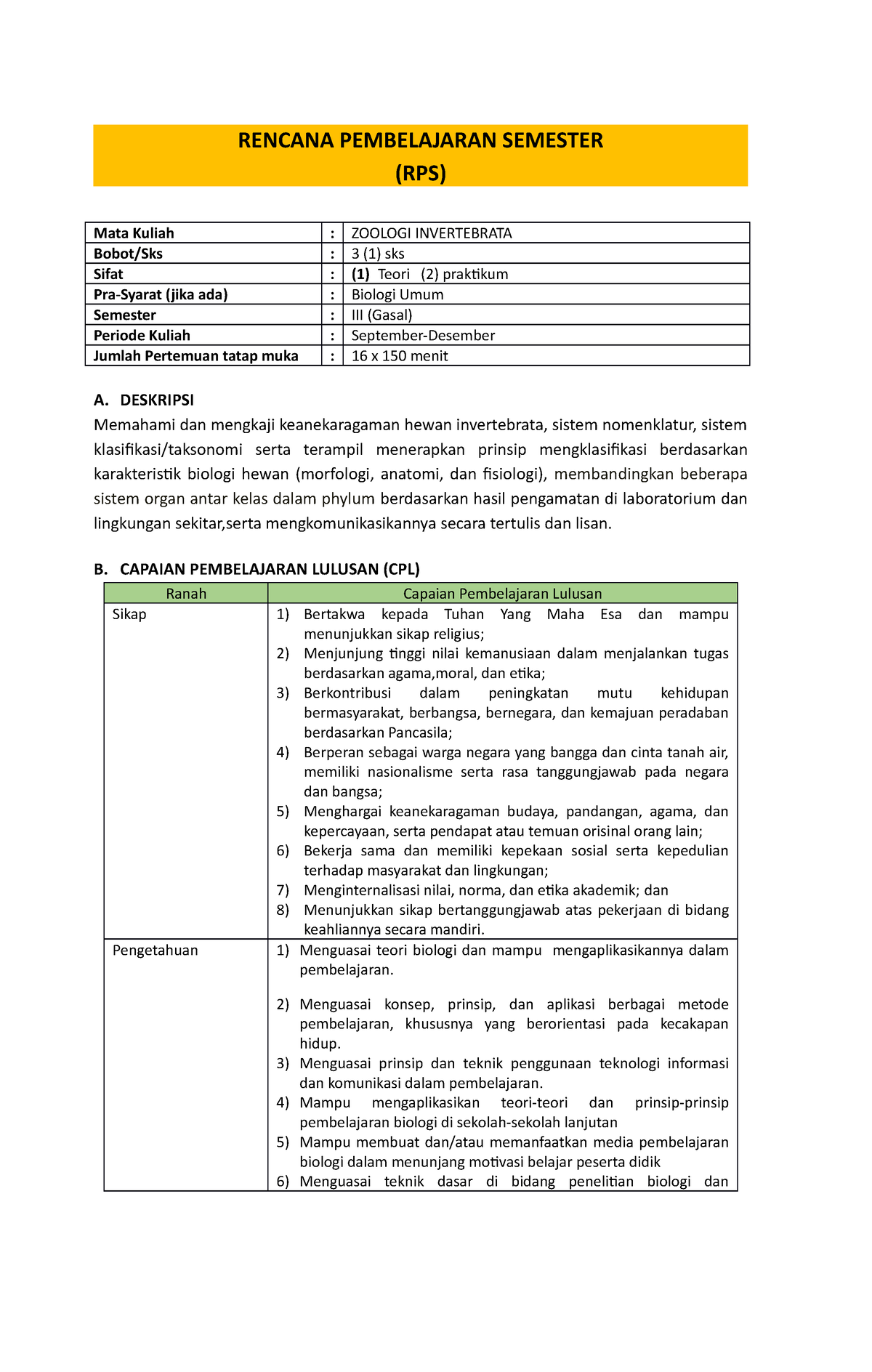 Rencana Pembelajaran Semester Zoologi Invertebrata - RENCANA ...