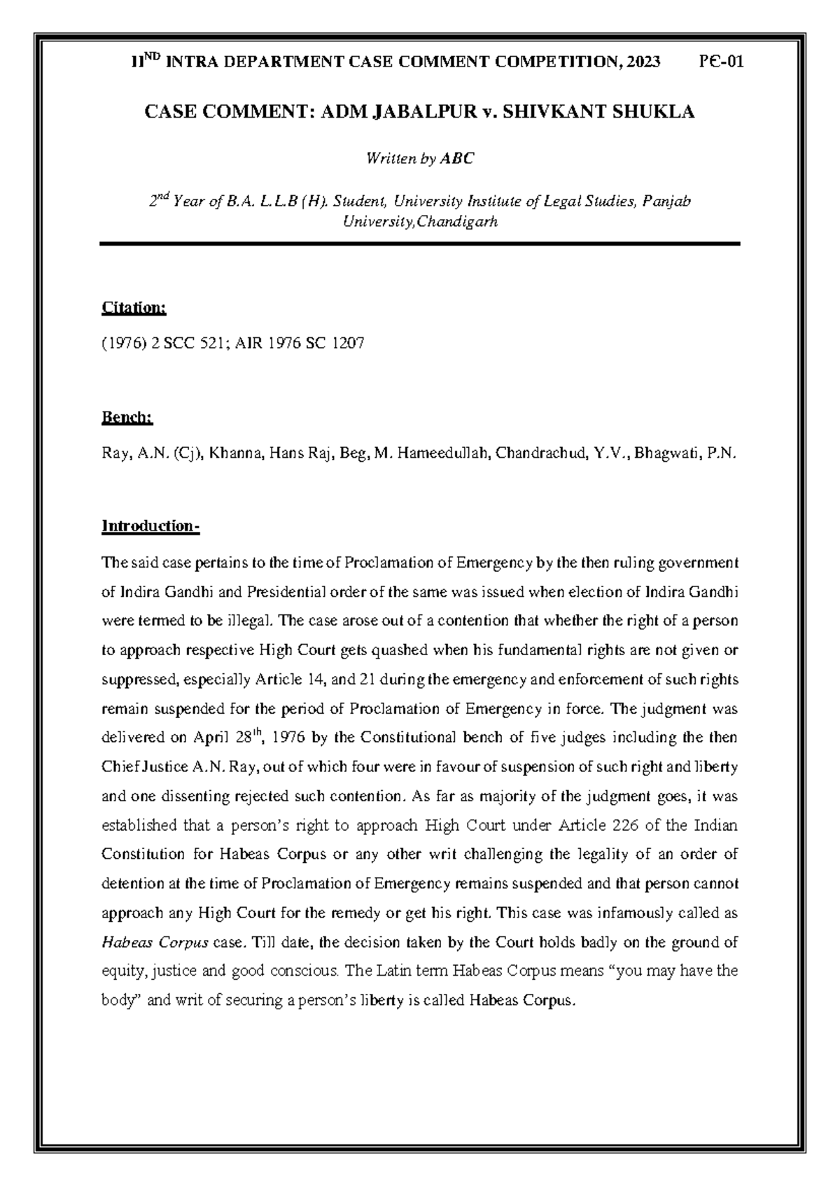 Sample Case Comment CASE COMMENT ADM JABALPUR v. SHIVKANT SHUKLA