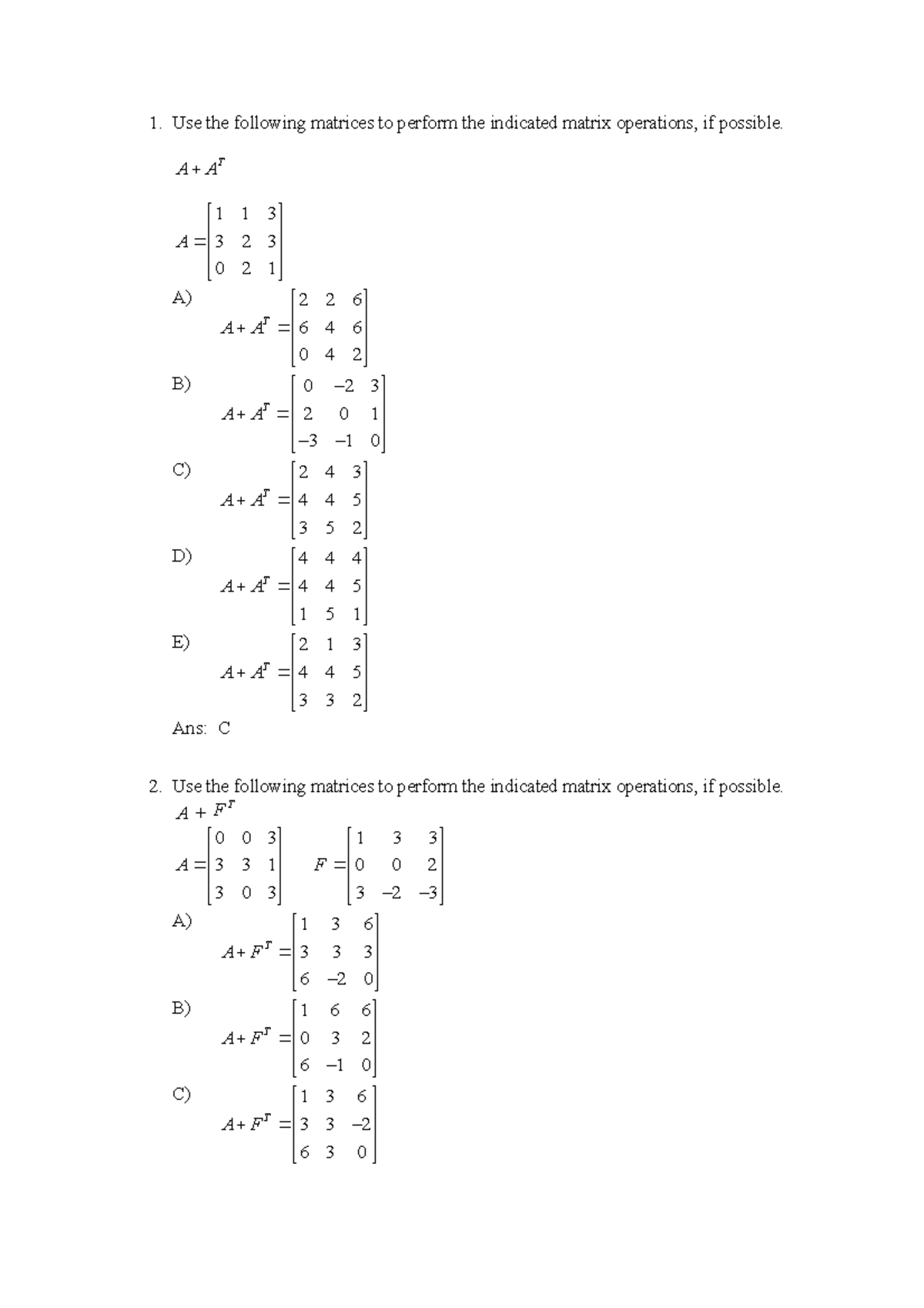 Exercise on matrix - Use the following matrices to perform the ...