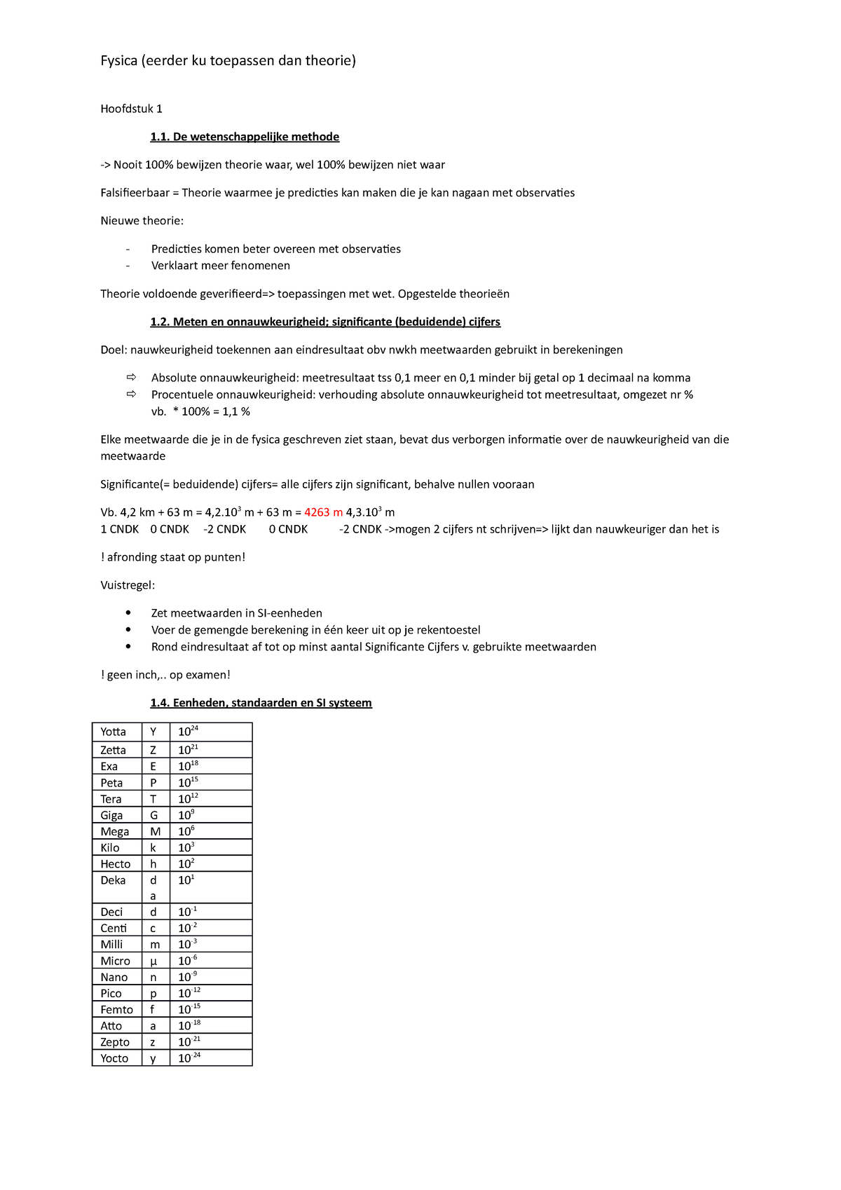 Fysica Samenvatting Fysica Eerder Ku Toepassen Dan Theorie Hoofdstuk 1 1 De 