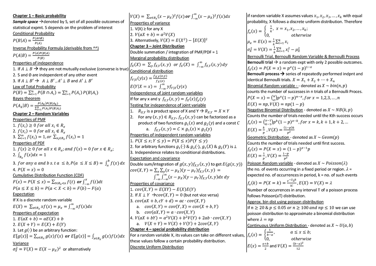 ST2334 Cheatsheet - Chapter 1 – Basic probability Sample space denoted ...