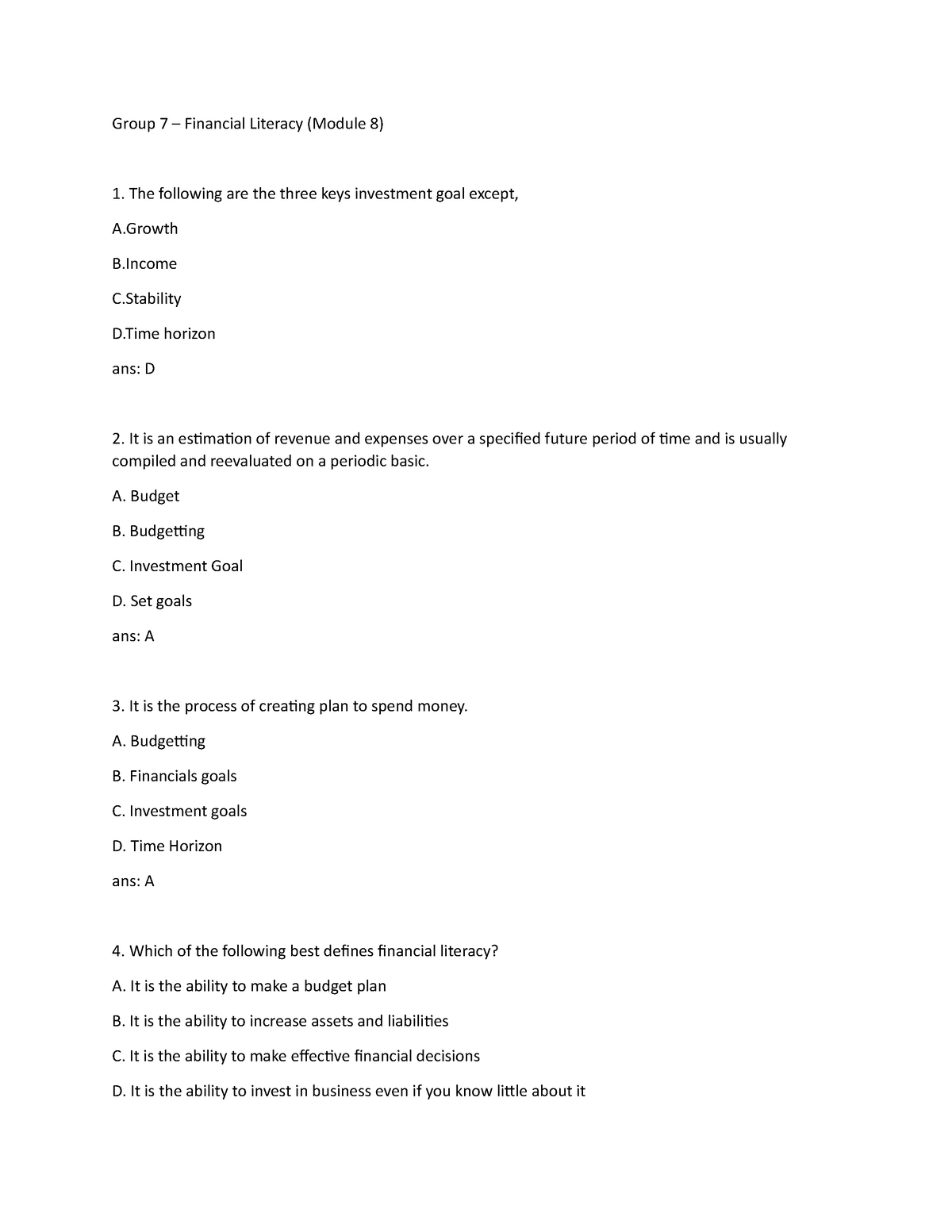 Benlac Financial Literacy MCQ Grp7 - Group 7 – Financial Literacy ...