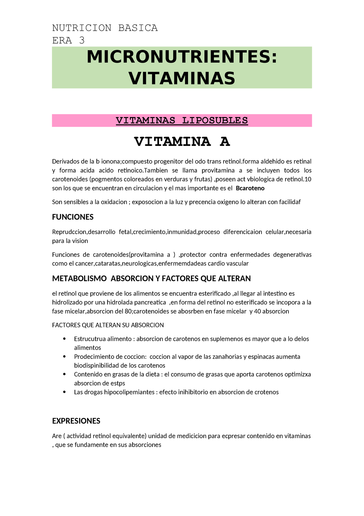 Micronutrientes Resumen Era Era Micronutrientes Vitaminas