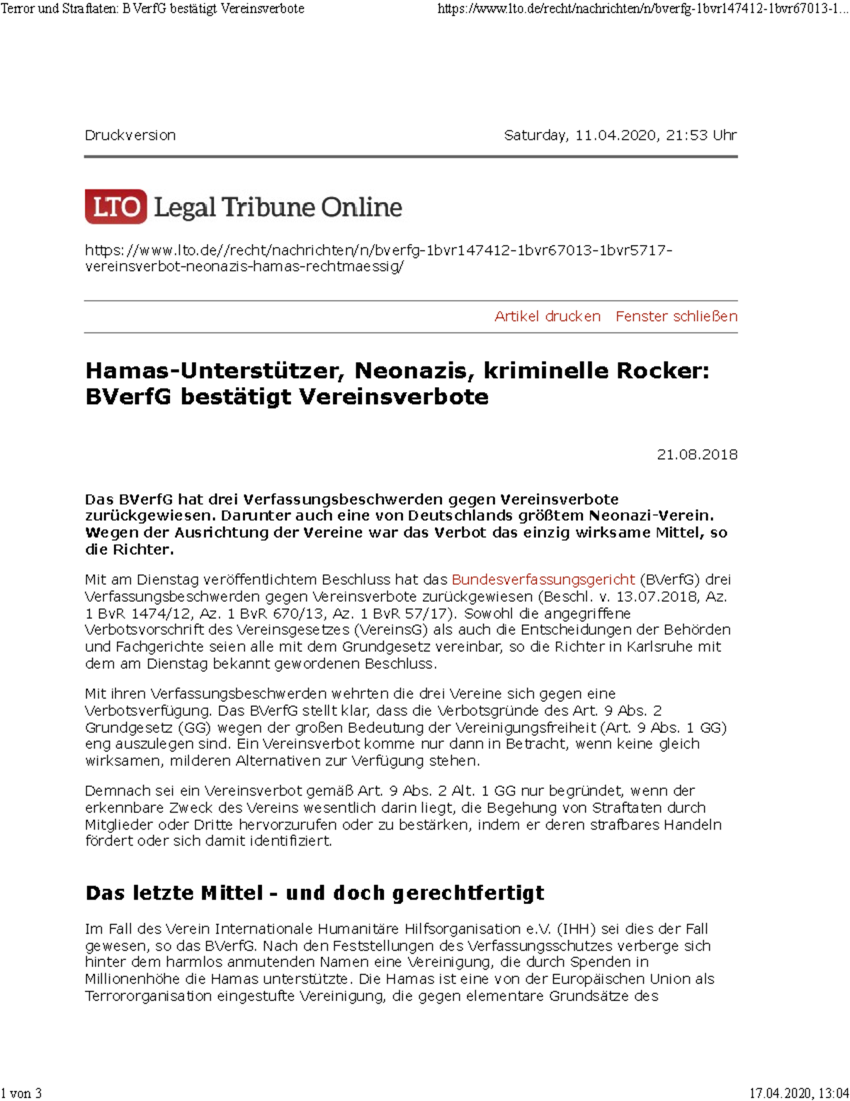 Artikel zu Vereinigungsfreiheit Art. 9 GG Druckversion Saturday, 11.