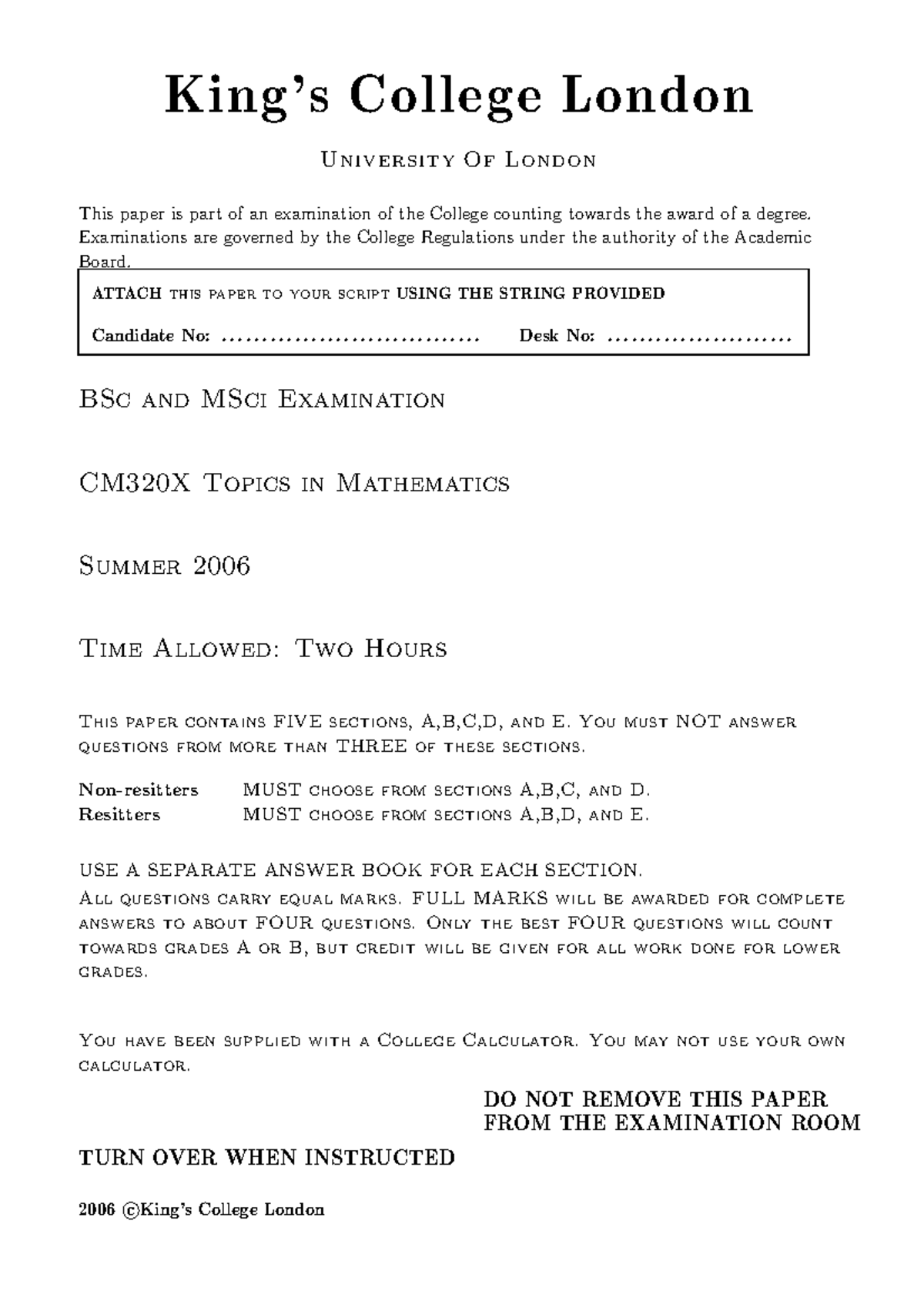 Exam 2006 Questions - King’s College London University Of London This ...